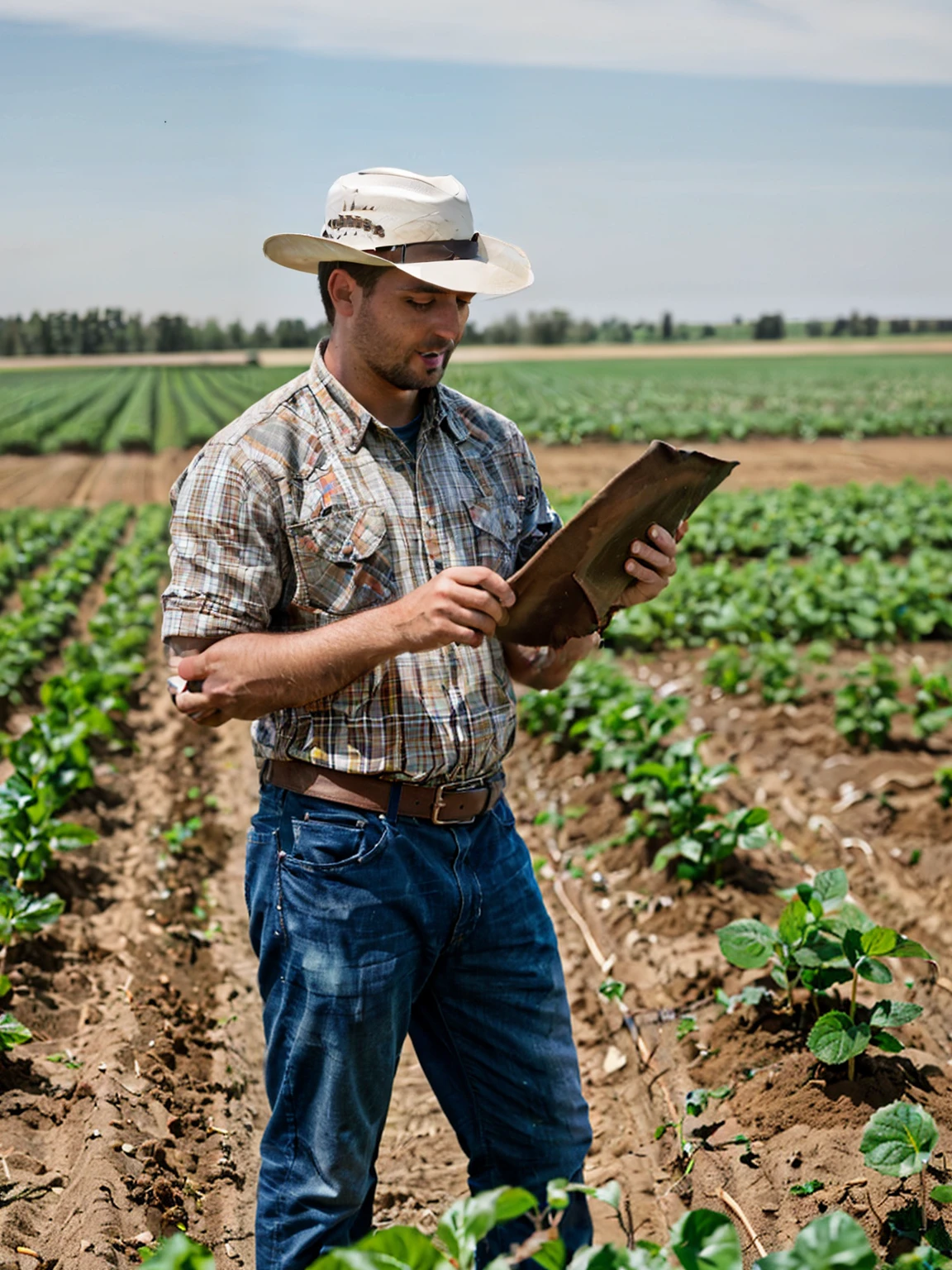 Photo of a male agronomist with hat teaching about soil to his students in the field