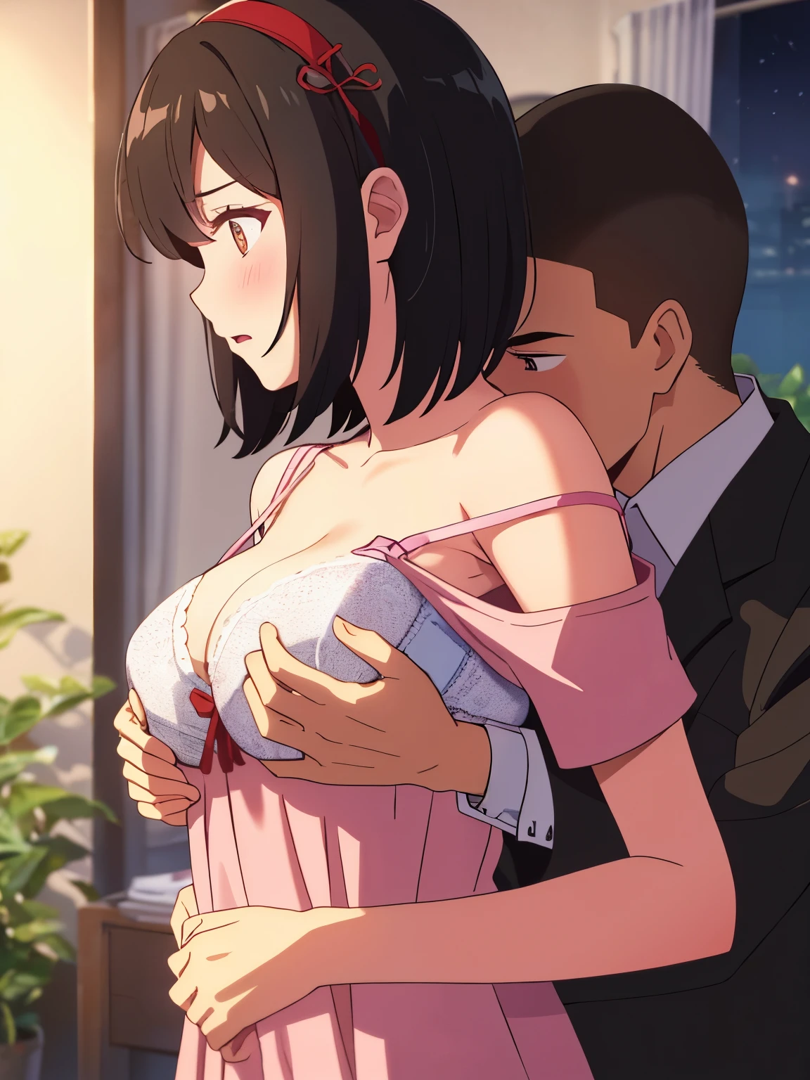 1boy, tuxedo, buzzcut, boy behind girl, touching chest, breatsgrope from behind, grab, grabbing chest,chestgrab behind back, hold breast, hug back, hugging, neck kiss, 1girl, bangs, black hair, blush, brown eyes, worried eyes,open mouth, red headband, red ribbon, short hair, off shoulder, bra strap, off shoulder, light pink dress, open shirt, unbuttoned shirt, white bra, medium breasts, bedroom, night, perfect anatomy