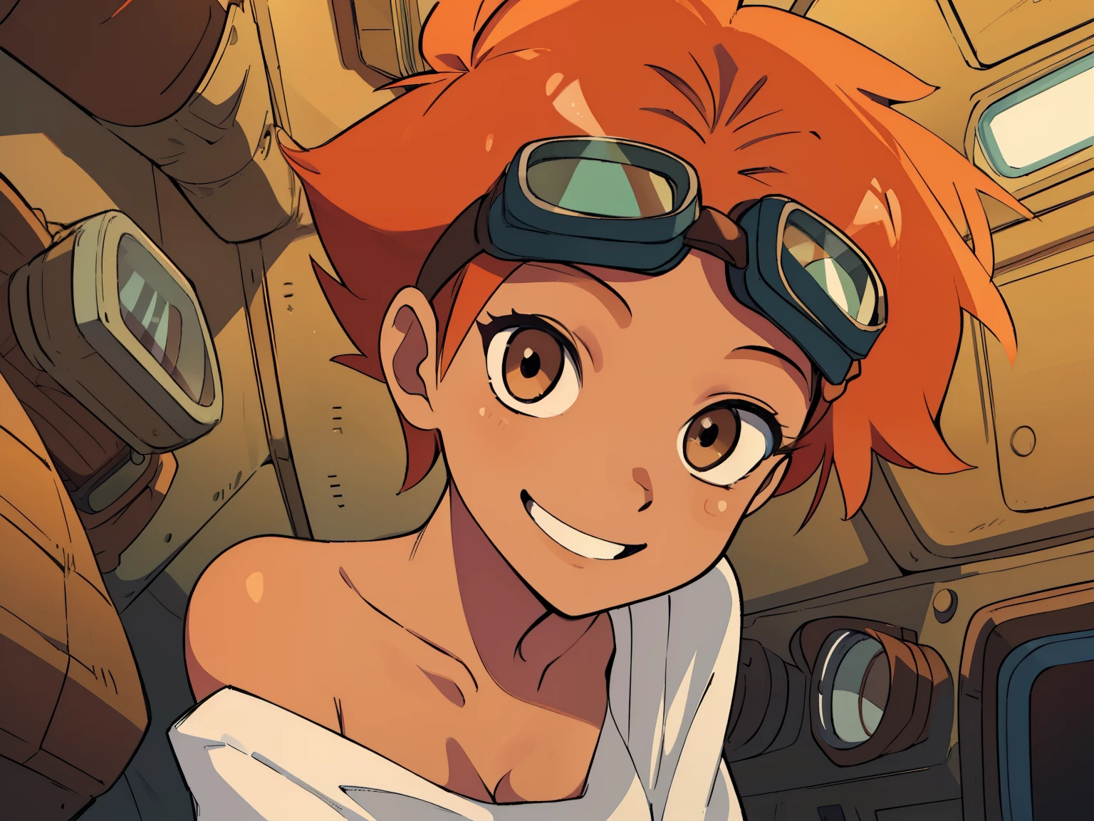 Edward,midriff,orange hair,white shirt,off shoulder,collarbone,tan skin, black bike shorts, (((goggles on forehead))) brown eyes, space station,engine room, smiling, bedroom eyes, breasts, cleavage (insanely detailed, beautiful detailed face, masterpiece, best quality),