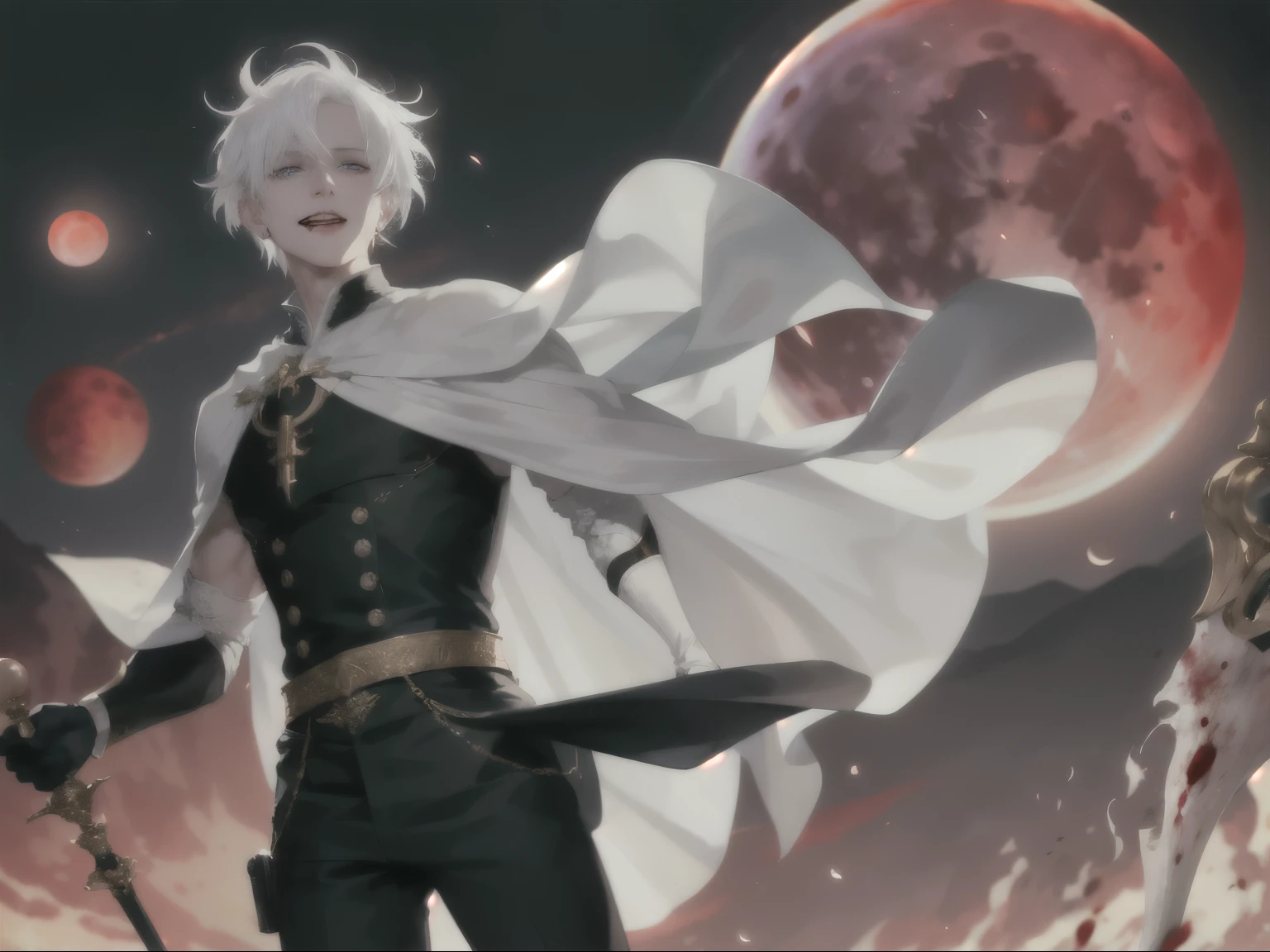 Masterpiece: 1.6, best quality: 1.4, live image: 1.2, intricate details: 1.2, charturnerv2: 1.2,
Appearance: 1Male: 1.25, thin: 1.3, light blue eyes, detailed eyes, quality eyes, laughing,
Clothing: black adventurers robe with rolled up sleeves, black pants
Accessories: simple earrings, Staff,
Hair: white hair, short hair,
Makeup: natural, shiny skin,
(Blood moon background: 1.3)
