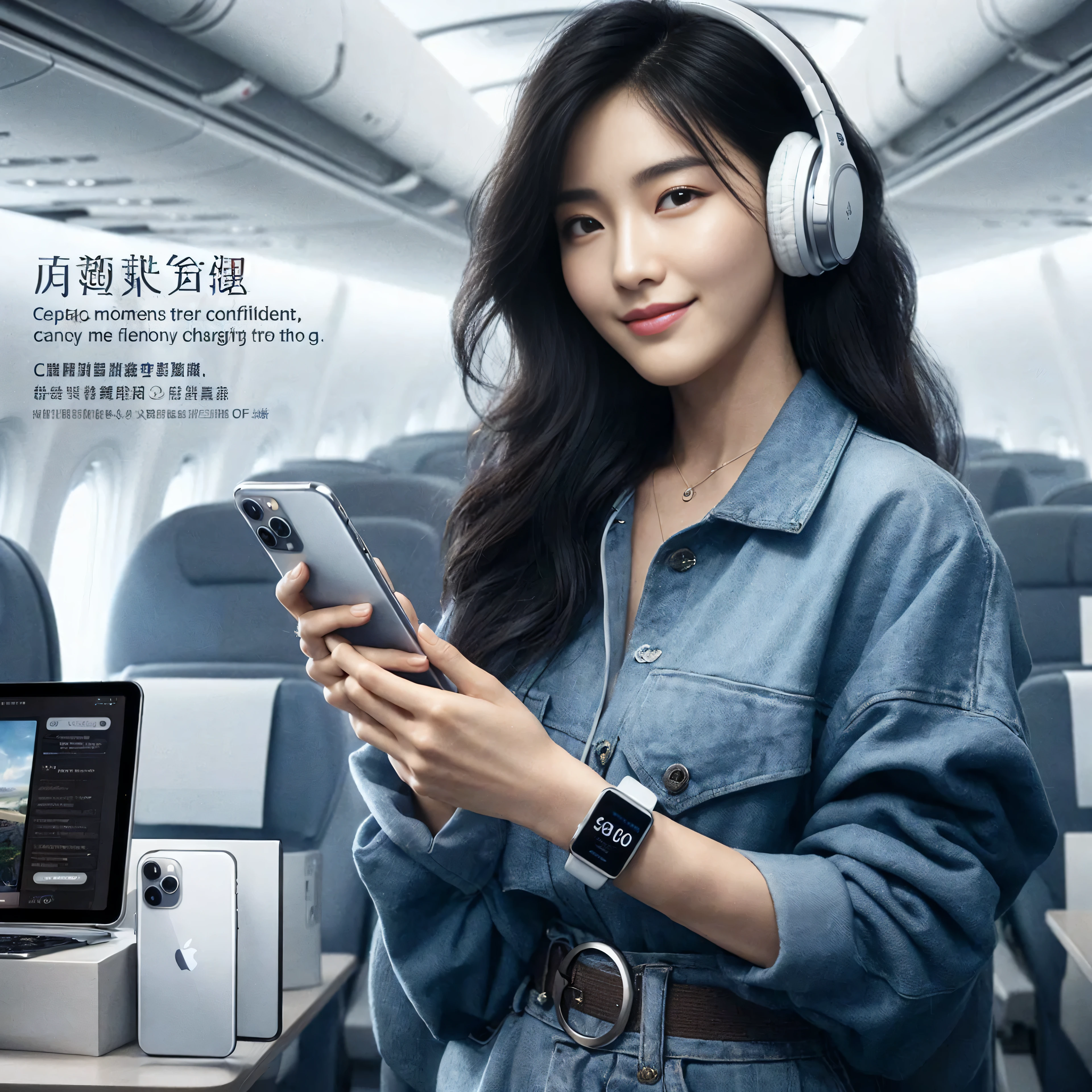 arafed woman in a blue shirt and headphones holding a cell phone, inspired by Cheng Jiasui, cai xukun, li zixin, lulu chen, lu ji, xintong chen, advertising photo, gemma chen, janice sung, luxury advertisement, ad image, with head phones, li bingbing, wenfei ye, wenjun lin. UHD, Award Winning Print Advertisement image of a documentary photo of a very stylish beautiful Chinese model with a soft smile expression, wearing a very stylish blue modern casual outfit, using a smartphone, iPad, iPhone15 Pro, apple watch, headphones, playing on an airplane background, Capture moments that confident and the convenience of staying charged on the go, on white background. Enhance key light & fill light, color correction, octane render, 60k, hyper-realistic, high key, extreme depth of field, lens blur on background, rules of third.