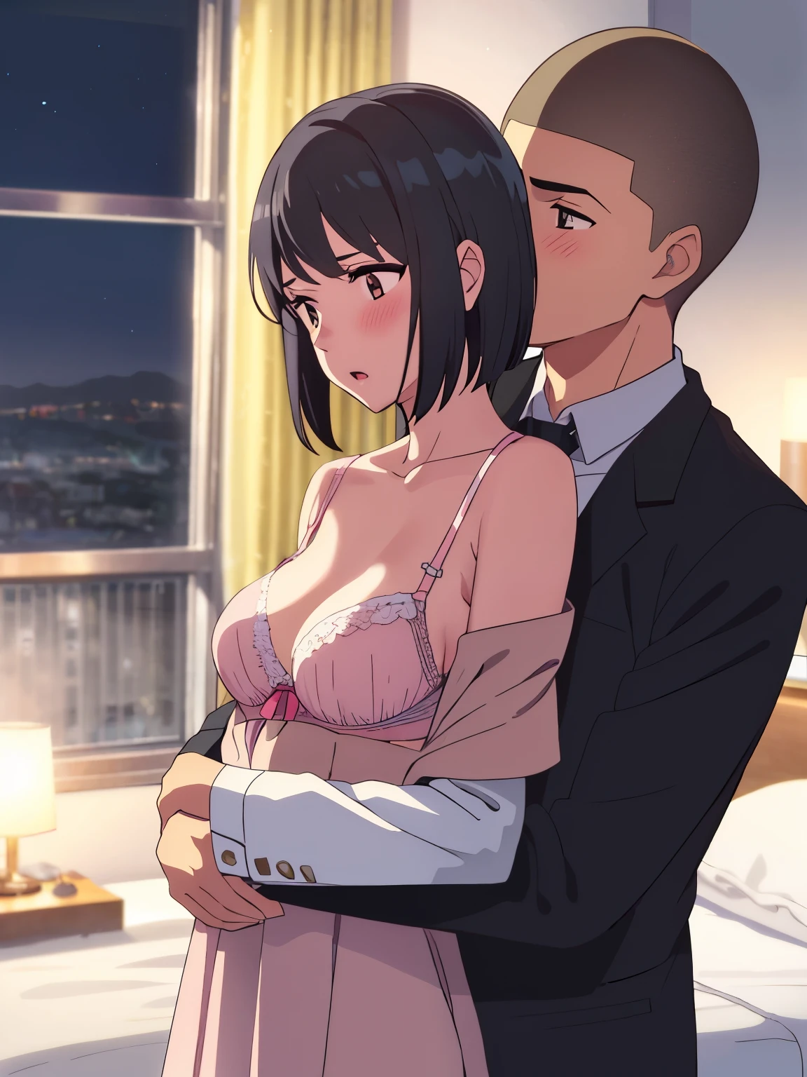 1boy, tuxedo, buzzcut, boy behind girl, touching chest, breatsgrope from behind, grab, grabbing chest,chestgrab behind back, hold breast, hug back, hugging, neck kiss, 1girl, bangs, black hair, blush, brown eyes, worried eyes,open mouth, red headband, red ribbon, short hair, off shoulder, bra strap, off shoulder, light pink dress, open shirt, unbuttoned shirt, white bra, medium breasts, bedroom, night, perfect anatomy