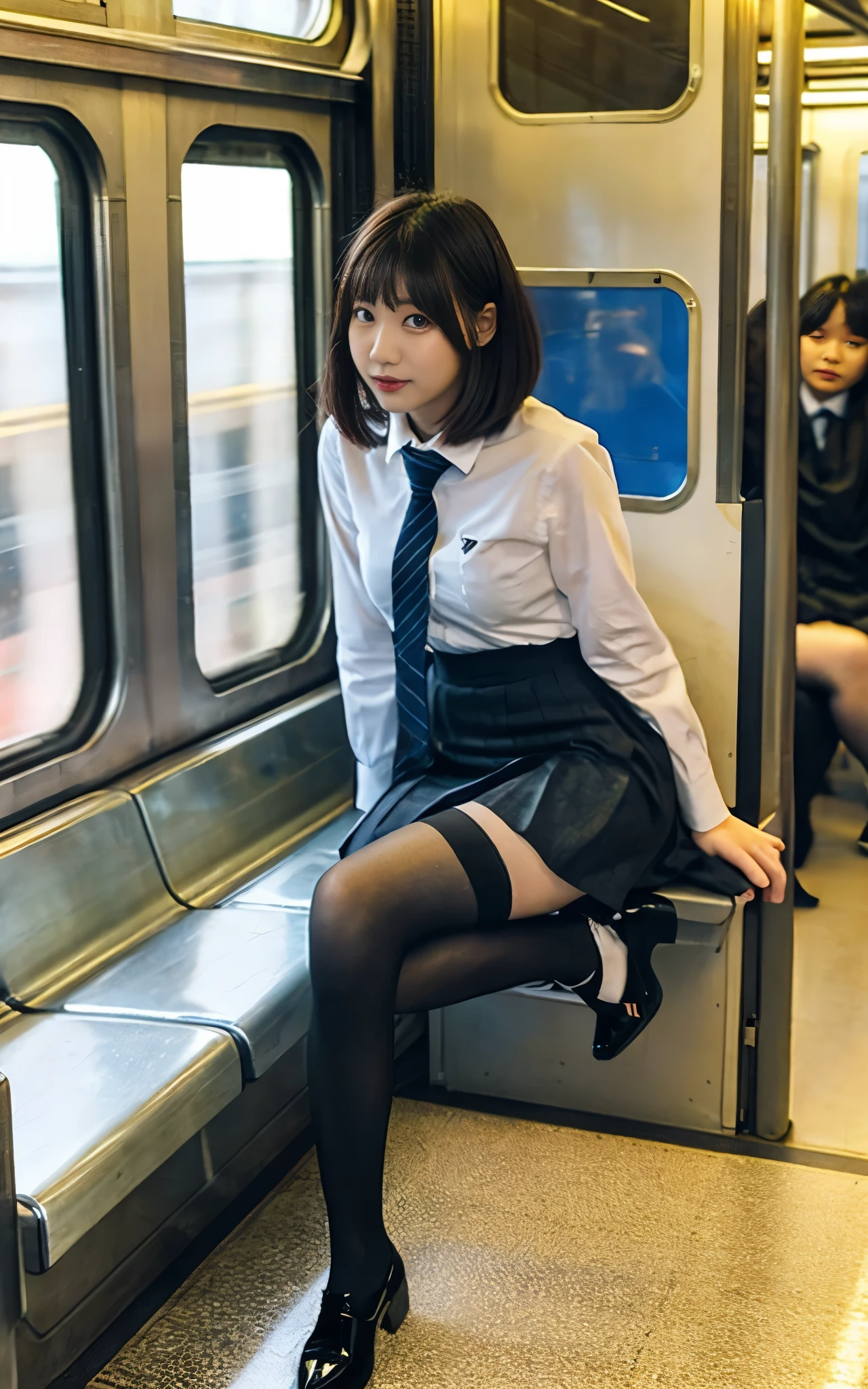 student、woman、Commuting to school、Inside the train、sit on the other side、skirt、uniform、thighs、spread your legs a little、tights、I can see my pants through the gap between my legs、short hair、sit in front、Glowing eyes、