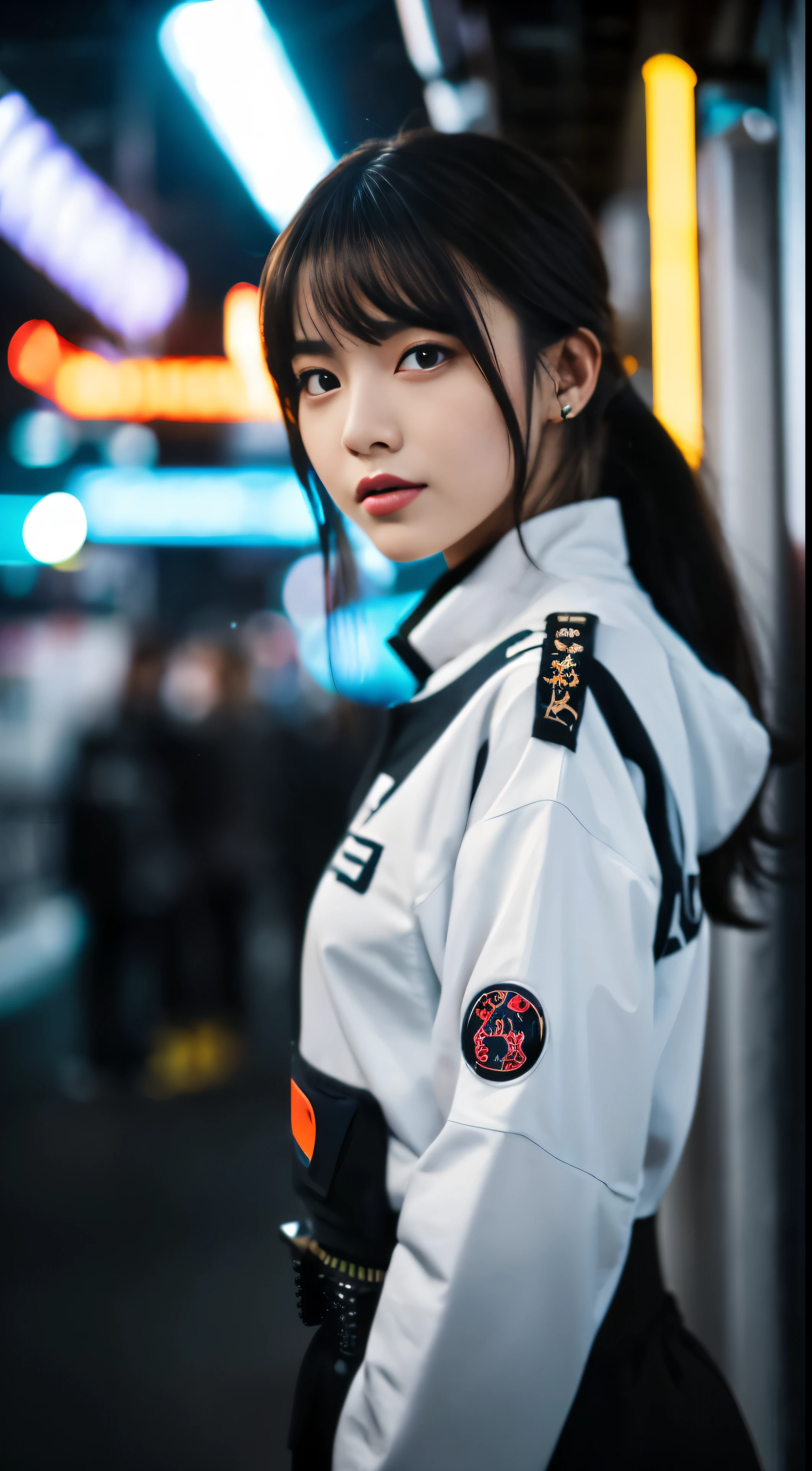 Wear intricate cyberpunk streetwear outfits、A beautiful girl is depicted in a detailed portrait。The bright colors of her costume、floating on a dark background、Gives a clear contrast and a futuristic appeal。Her facial features are meticulously detailed.、She has expressive eyes that seem to emit an inner light.。Portraits are rendered in 4K resolution、Intricate details of costumes and facial contours are clearly focused。The atmosphere is cinematic and dramatic.、The voluminous lighting casts a halo effect on her figure.。The lighting has a cinematic quality、Adds depth and drama to the image。Overall quality is studio grade、