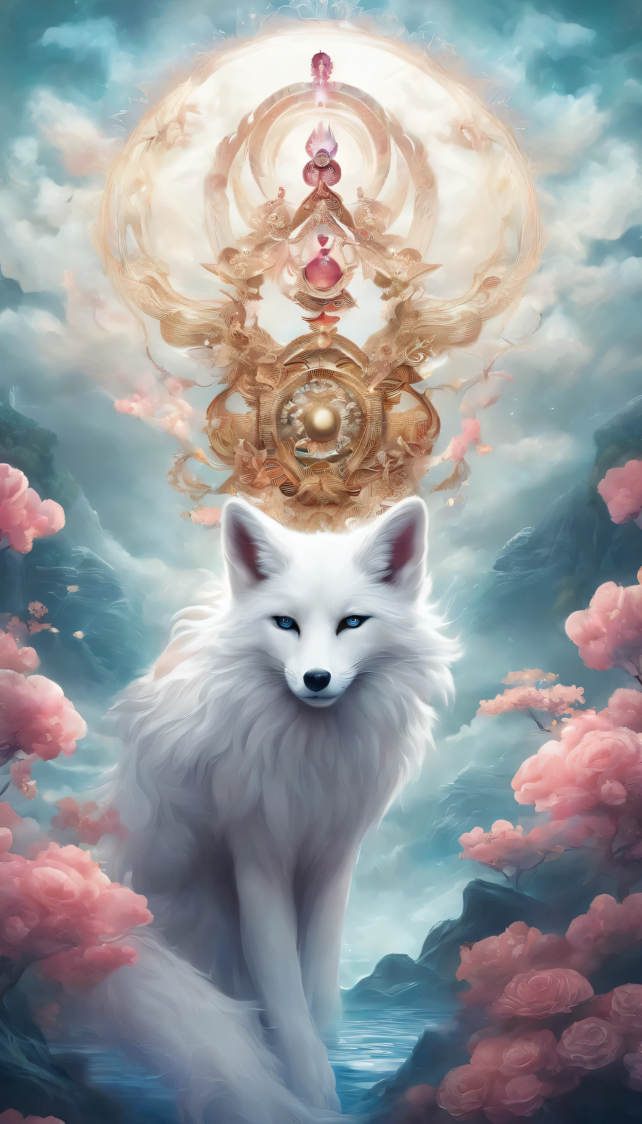 chinese mythology,giant white fox,thick clouds,(((9 tailoring,moon,master piece,best image quality,super fine,super magical,super detailed,8K resolution,OC renderer,dynamic viewing angle , ((front view:1.4)), One animal,