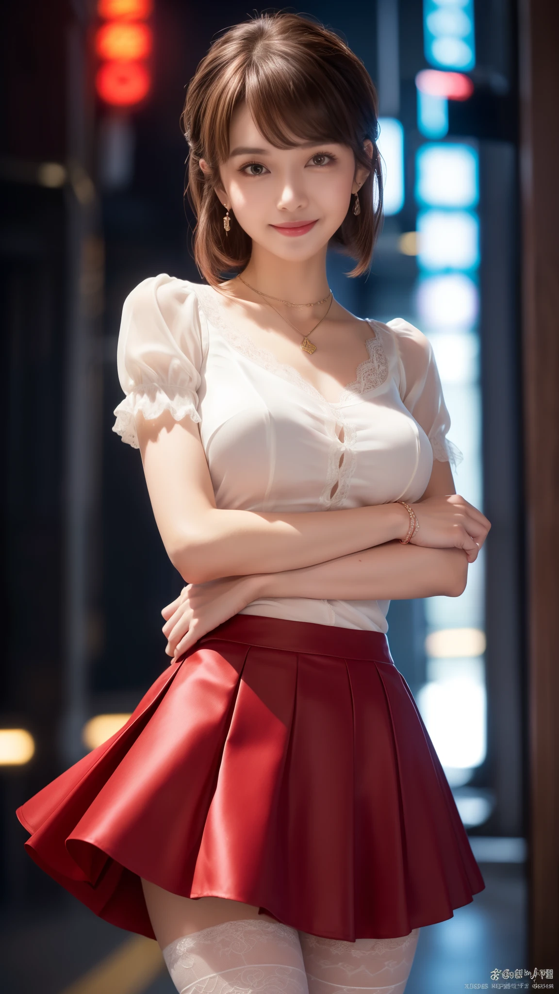 8k, masterpiece, RAW photo, best quality, photorealistic, extremely detailed CG unity 8k wallpaper, Depth of field, Cinematic Light, Lens Flare, Ray tracing, (extremely beautiful face, beautiful lips, beautiful eyes), intricate detail face, ((ultra detailed skin)) 1girl, in the dark, deep shadow, pretty Asian girl, idol, 1 girl, (very slim slender fit-muscled body:1.3), ((looking at viewer)),(big smile:1.3), (tight laced blouse), ((white color blouse)), (short sleeve) , (city night, dark night, (neon sign), (blurred background), dim lights, cityscape, rooftops, beautiful earrings, bracelets, necklace, pantyhose, clear eyes, (pale skin), (big eyes), face forward, ((upper body shot)), (silk red color skirt), (brown hairs),((laced skirt)), (looking at viewer:1.3), open breast, (very slim), medium breasts,((flooming laced)), updo hair, mini skirt, short hair, laced stockings