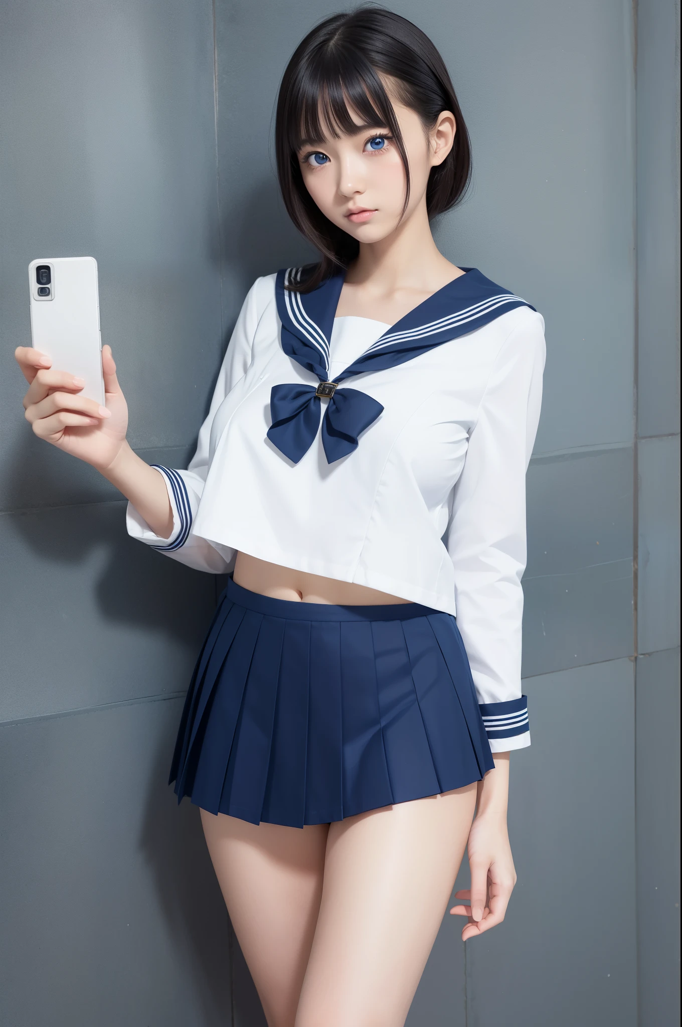 1girl, (solo), (selfie), (17 years old), big breast:1.5, ((beautiful anime eyes with fine detail)), realistic skin, sailor suit, (Navy blue pleated miniskirt), beauty of slender female legs