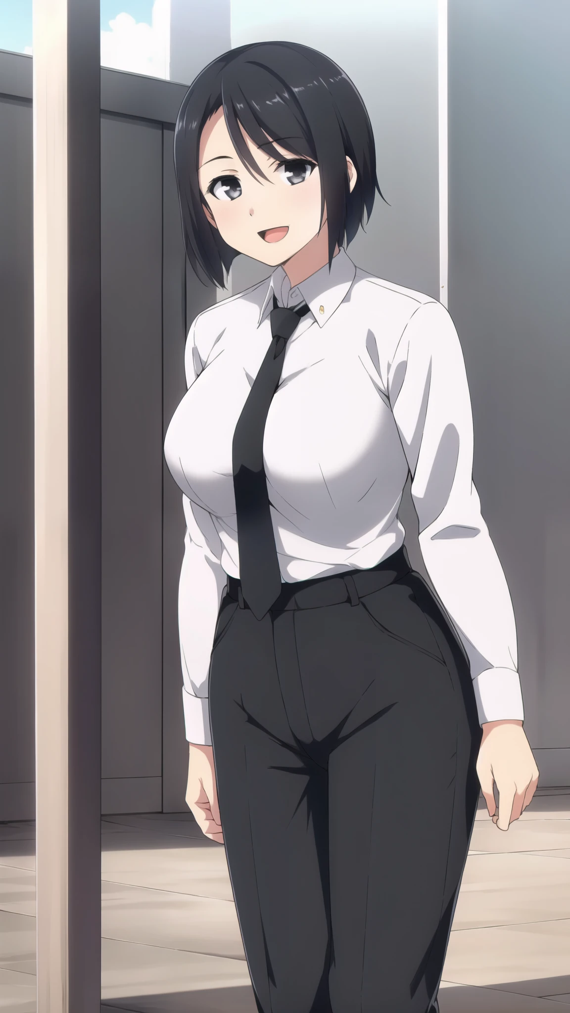 SLIM, 1girl, standing, black hair, short hair, bangs, MAKIMA, ((white shirt)), long sleeves, necktie, stare, :d, , black eyes, black necktie, , cowboy shot, large breasts, outdoors, black pant, (MAaster piece: 1.0), (best_quality: 1.0), ultra high resolution, 4K, ultra detailed, photography, 8K, HDR,
