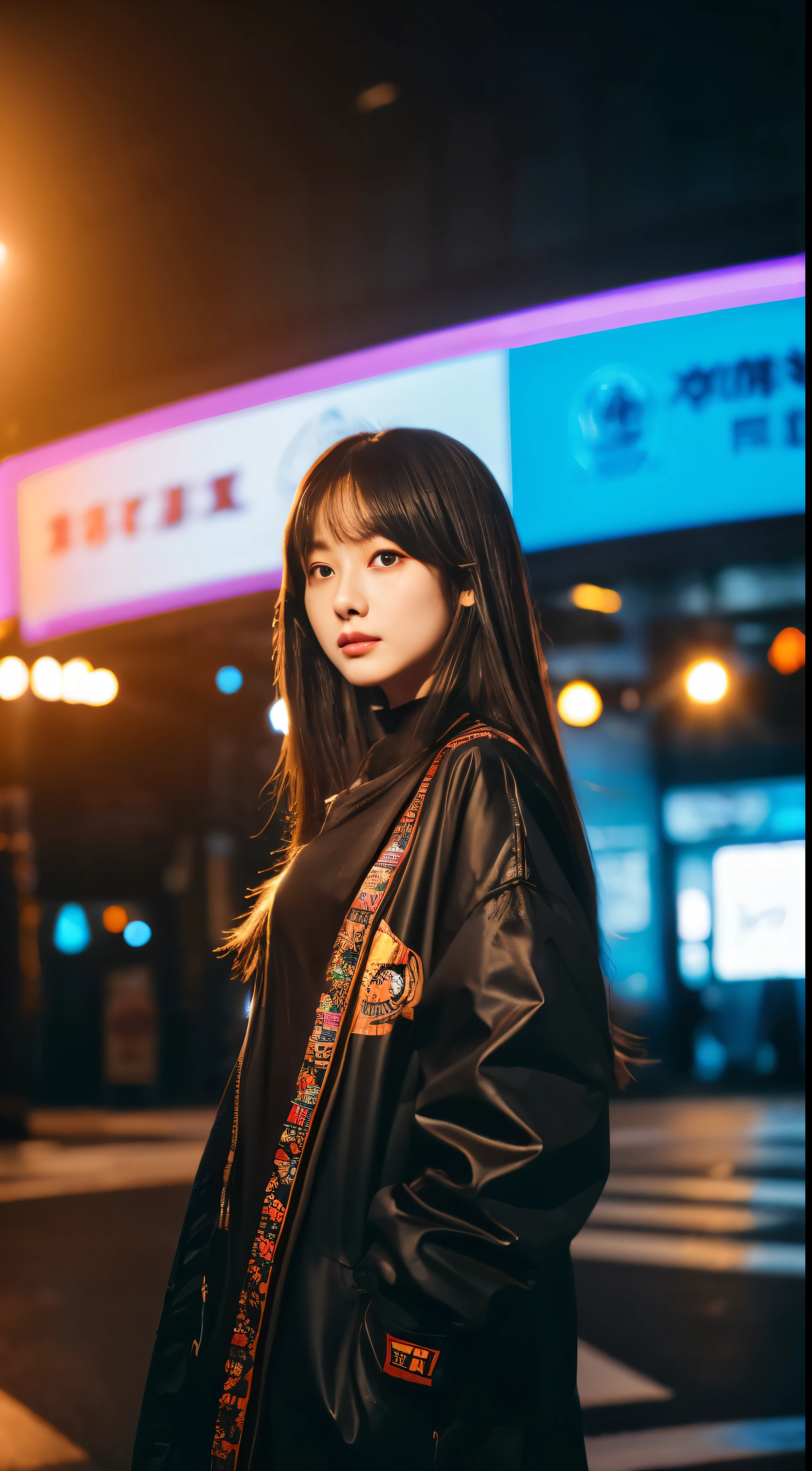Wear intricate cyberpunk streetwear outfits、A beautiful girl is depicted in a detailed portrait。The bright colors of her costume、floating on a dark background、Gives a clear contrast and a futuristic appeal。Her facial features are meticulously detailed.、She has expressive eyes that seem to emit an inner light.。Portraits are rendered in 4K resolution、Intricate details of costumes and facial contours are clearly focused。The atmosphere is cinematic and dramatic.、The voluminous lighting casts a halo effect on her figure.。The lighting has a cinematic quality、Adds depth and drama to the image。Overall quality is studio grade、