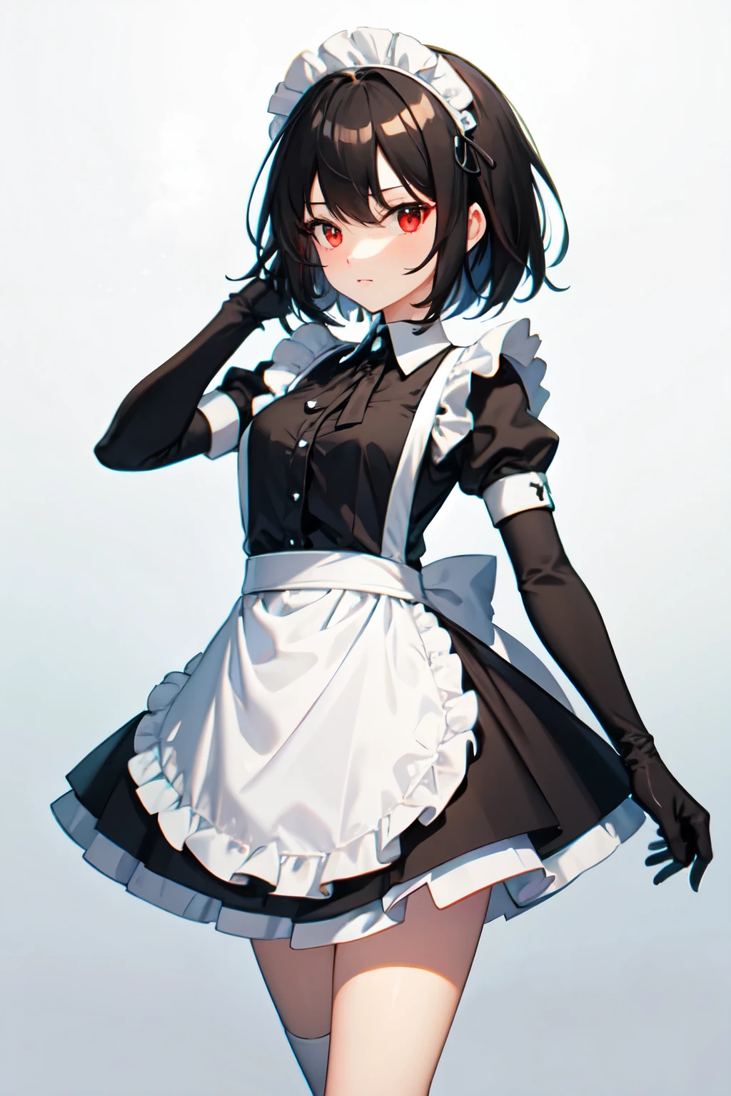 pixel maid woman red eyes black short hair and black top, white diadem, black arms and black gloves