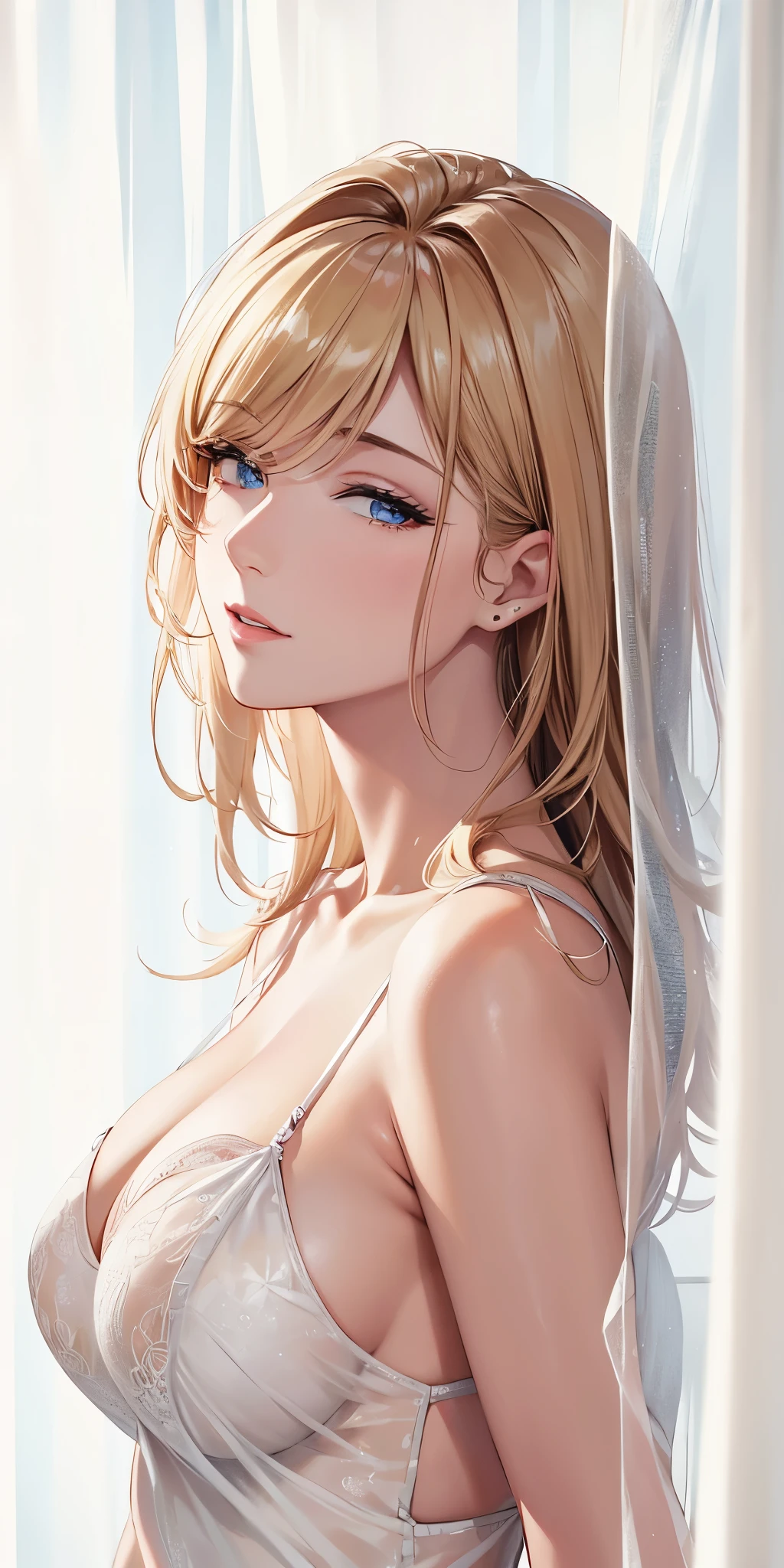 (best quality, highres), portrait, elegant type adult woman, brown eyes, long hair, swept-side bang, [[brown hair]], (blonde hair), beautiful eyes, perfect eyes, transparent slip dress, see through dress, white curtain