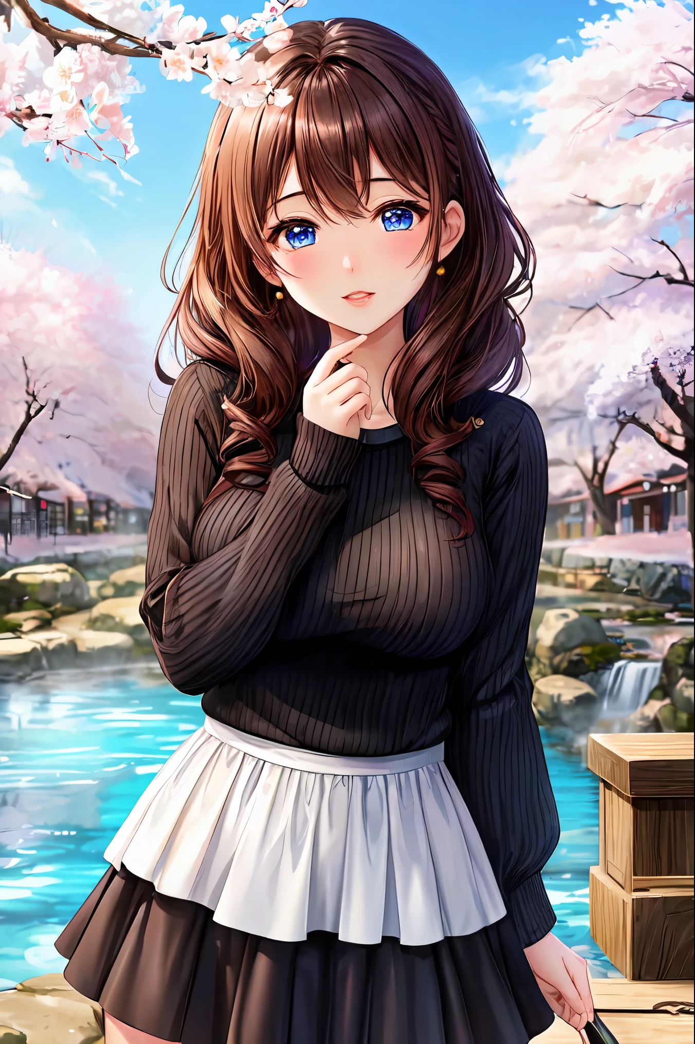 One female、brown hair、curly hair、blue eyes、dense lips、Black knitted clothing、beautiful breasts、hot spring town、crowded、cherry blossoms、cherry blossoms吹雪、sunlight、masterpiece、ultra high resolution、perfect lighting、16K