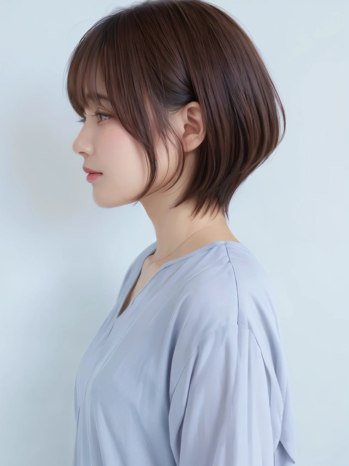 light gray long sleeve dress、(8k、RAW photo、highest quality、masterpiece:1.2)、High-definition RAW color photo、professional photos、(realistic、photo realistic:1.37)、cinematic light、1 girl、laughter、white wall、Taken in front of the white door、(窓のあるwhite wallの部屋)、Various poses、break (ombre:1.3) 、simple necklace、spring clothes、(Beautiful profile:1.3)、don&#39;t look at the camera、profile、dark brown hair color、short hair