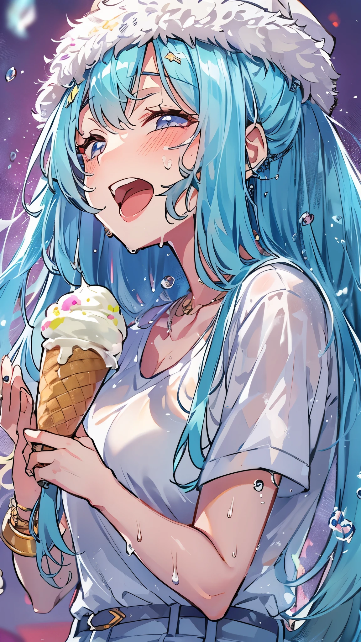 Anime Long blue hair beautiful girl, big , skinny waist, big booty, wet white tshirt, laughing, holding an ice cream cone, ice cream dripping from her lips