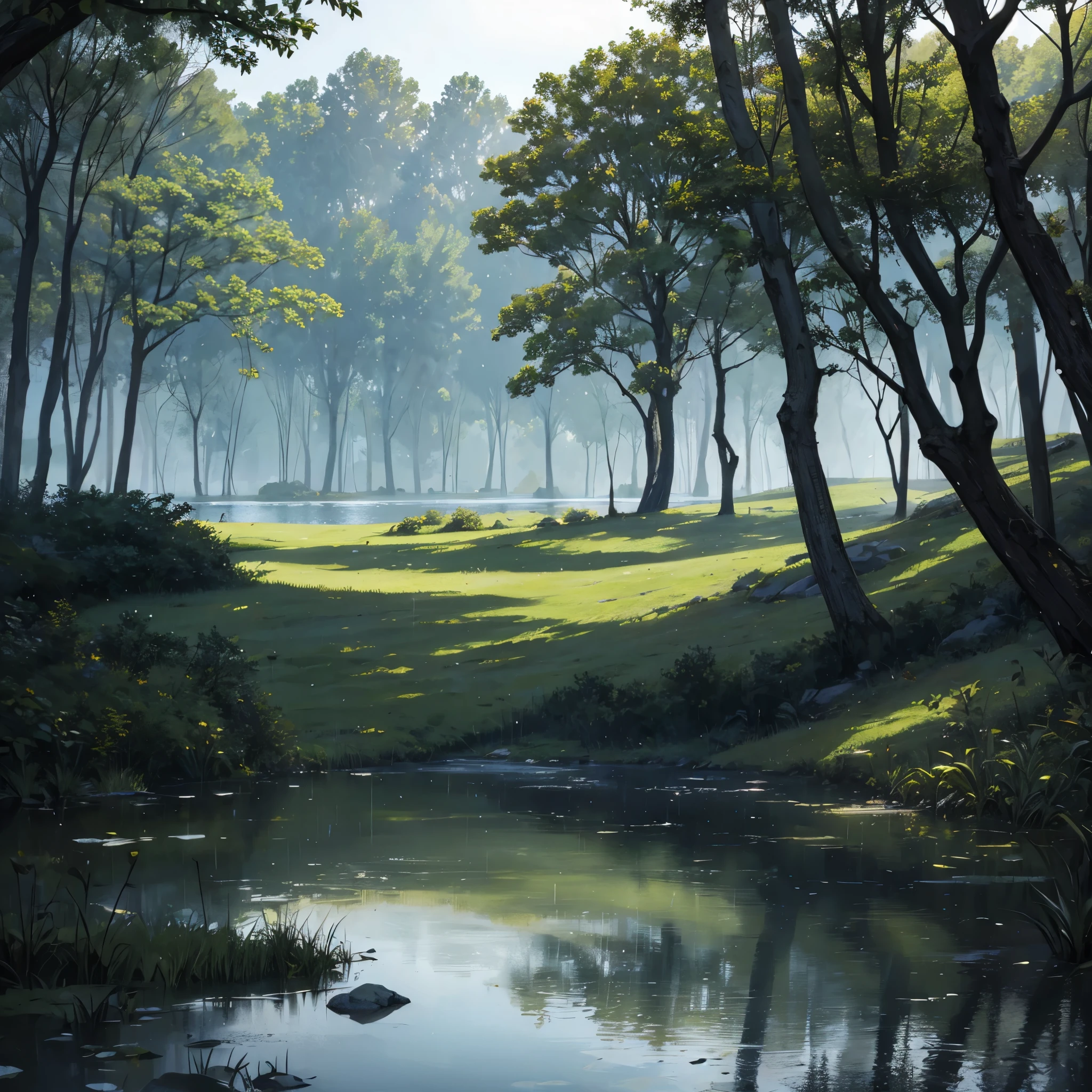 A forest, a lake, raining environment, wet lawn, levels of water falling in the area, somewhat dark environment
