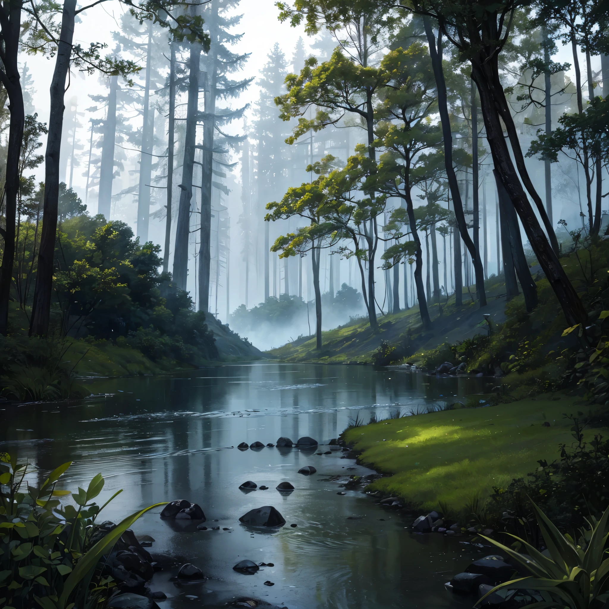 A forest, a lake, raining environment, wet lawn, levels of water falling in the area, somewhat dark environment
