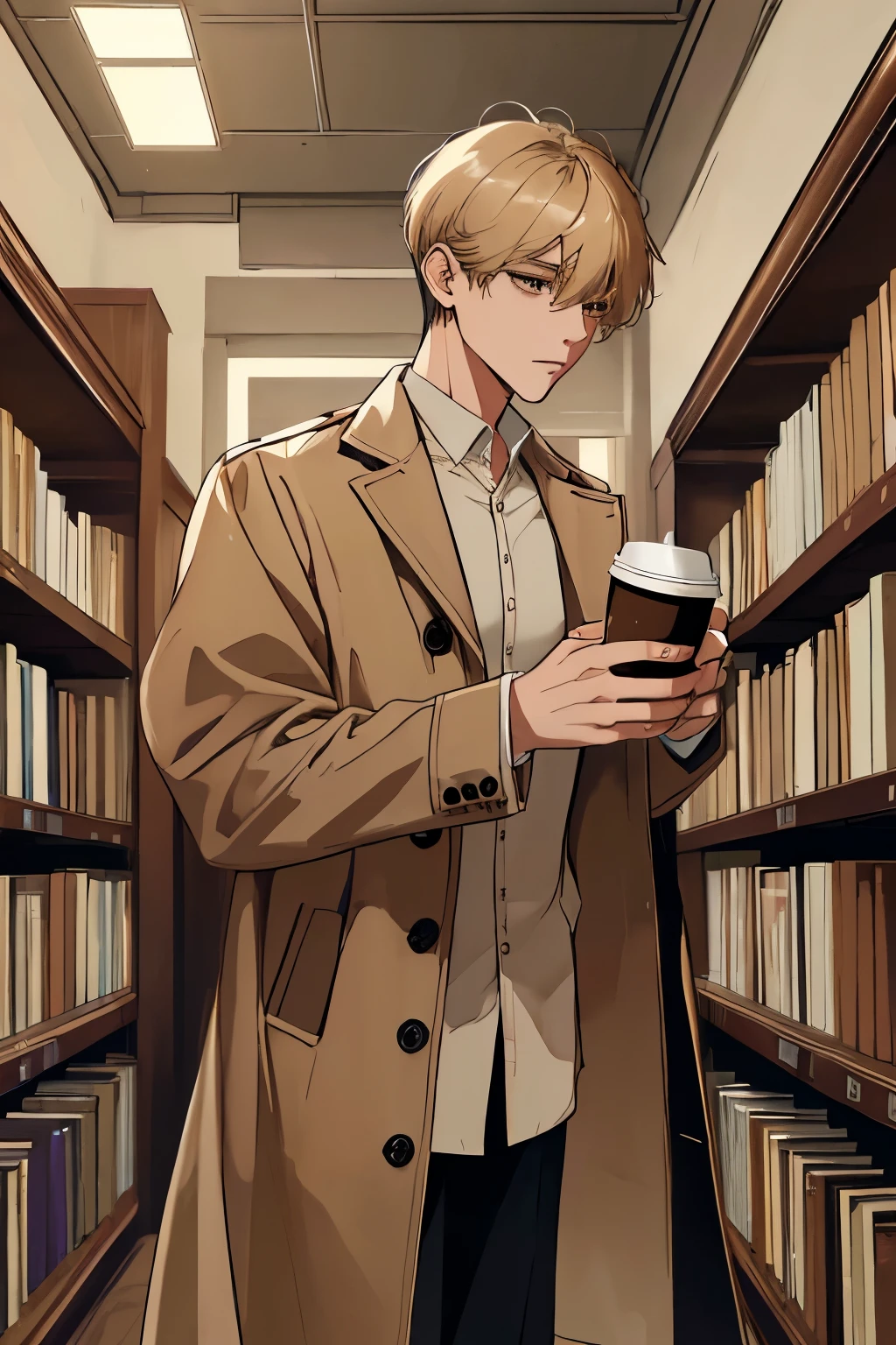 (masterpiece, top quality, best quality, official art, beautiful), solo, male, short hair, with bangs, beige color shirt, coffee color coat, coffee cup, background, library, illustration