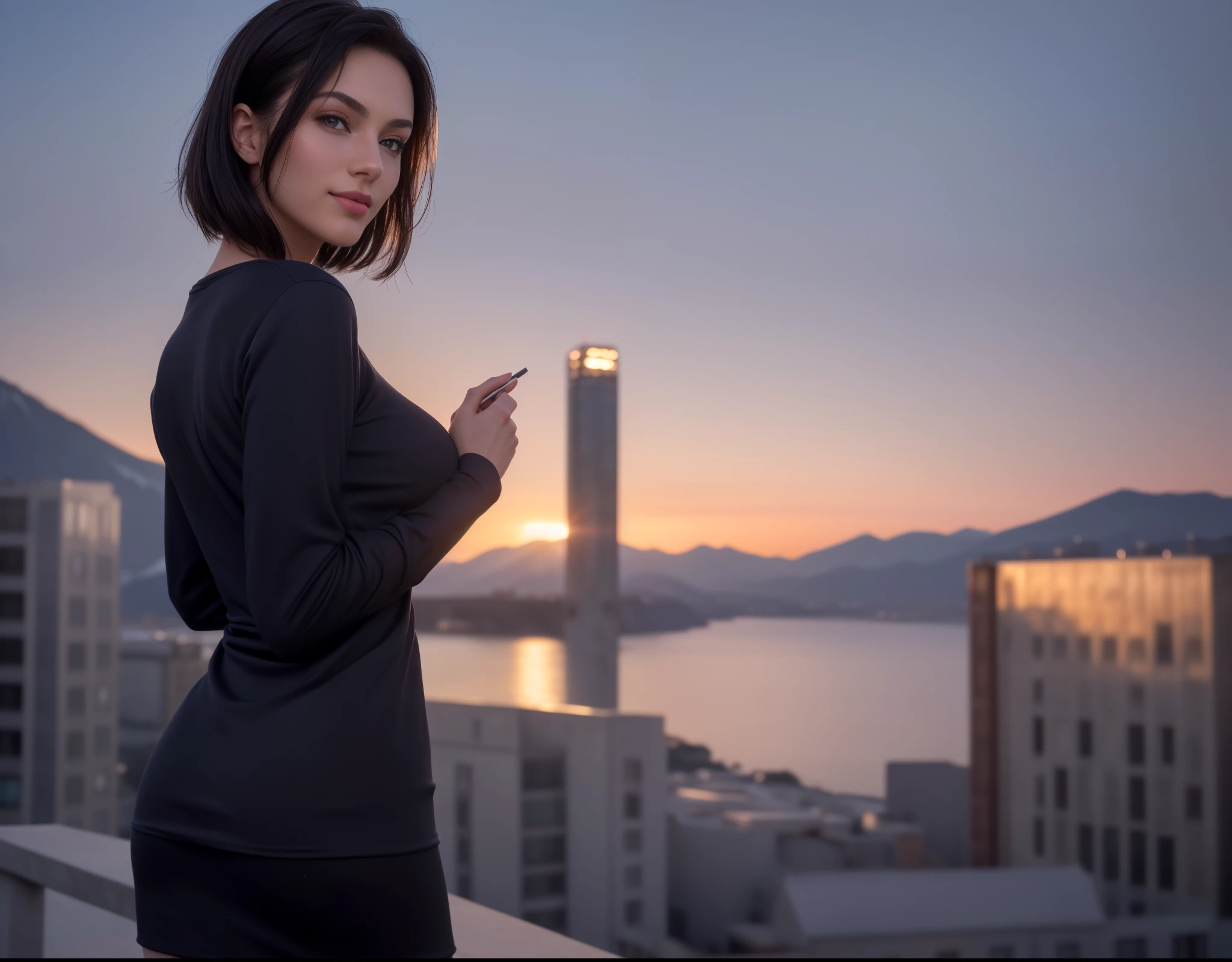 21-year-old, Russian race, European race, (Masterpiece, best quality, photorealistic, high res, photography: 1.3), close-up shot, sharp focus, black hair, hair bun, short hair, hot model, slim, Height 160cm, huge breasts, cute blush, smooth, mild smile, realistic skin, sexy hot face, erotic, sexual gaze, slim, sweat top, sweatshirt, loose shirt, T-shirt, stylish, skirt, extremely detailed hair, shiny lips, outdoor, ((vivid light, dynamic lighting, realistic, super realistic, realism, realistic detail, background mountains, buildings, evening, sunset