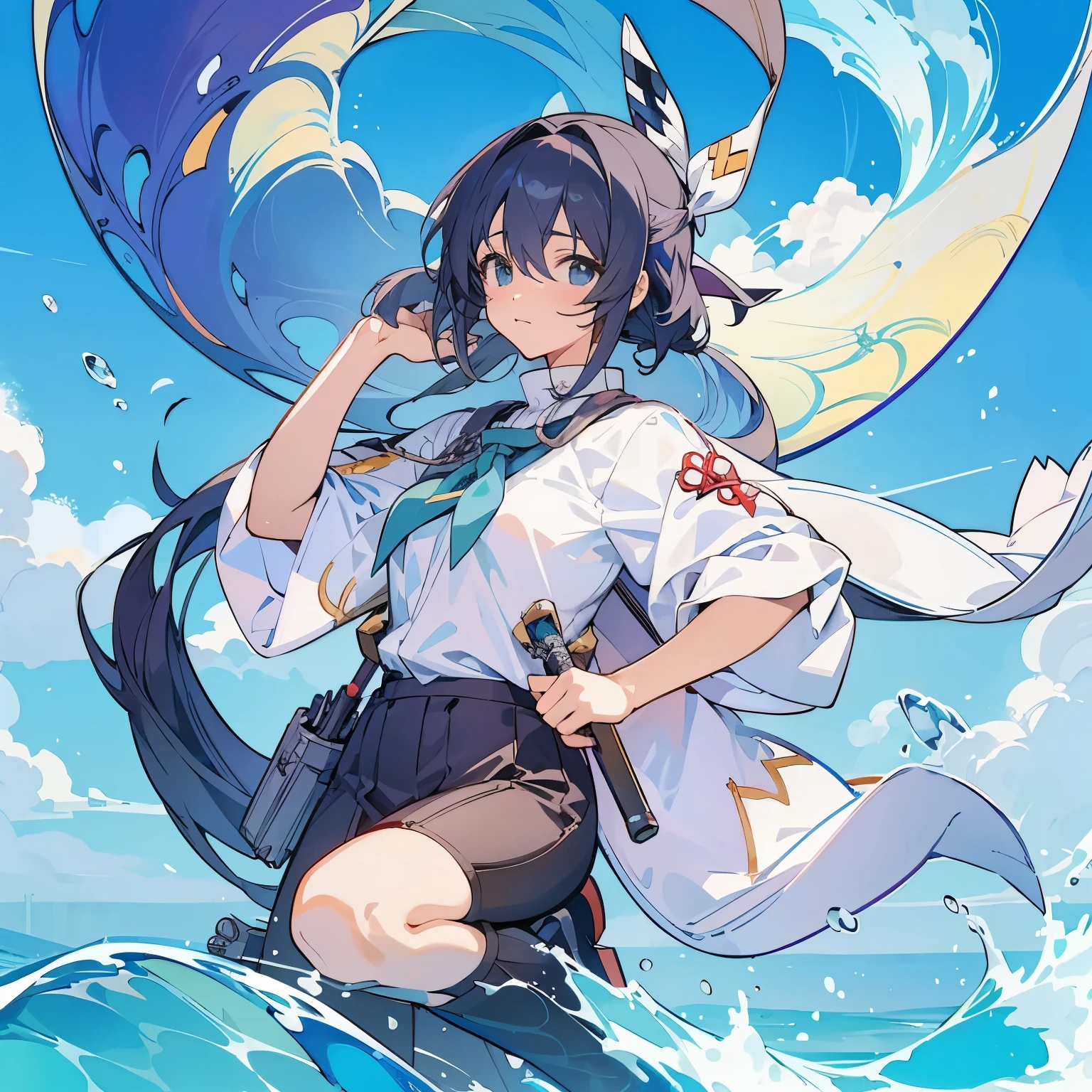 garota de anime em traje de marinheiro sentada em uma onda com uma espada, kantai collection style, estilo de arte anime moe, arte oficial, arte oficialwork, arte do pixel kirokaze, official illustration, arte oficial do anime, Shikishi, no mar, Anime girl walking in water, arte oficial do personagem, konpeki no kantai, Anime digital illustration