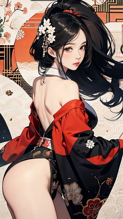 ((8k wallpaper of extremely detailed CG unit, masterpiece, hight resolution, top-quality, top-qualityのリアルテクスチャスキン)), ((a very beautiful woman, Seductive facial expressions, Plump lips, The upper part of the body, Japanese pattern haori, Japanese pattern micro mini shortessy black hair, de pele branca, Small), ((Colorful background with geometric patterns, Japanese pattern background, Chill, white backgrounid)), Sumi-e, hyper realisitic, digitial painting, concept-art,