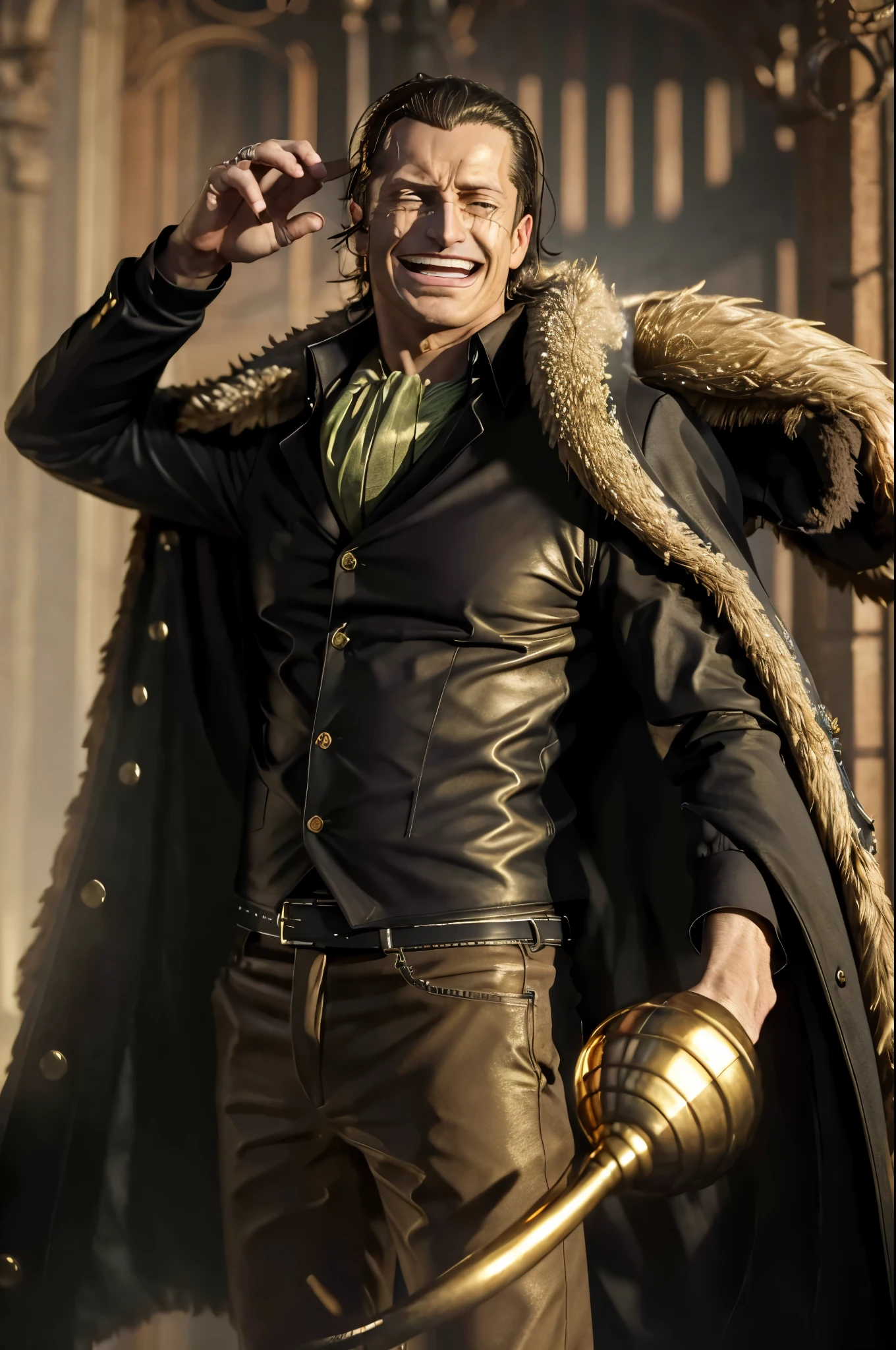 masterpiece, best quality, extremely detailed, hyperrealistic, photorealistic, a cool 40s man, fur-trimmed coat, scarf around the neck, ultra detailed face, his left hand is a golden pirate hook:1.1, opening arms to the side of the body:1.2, laughing