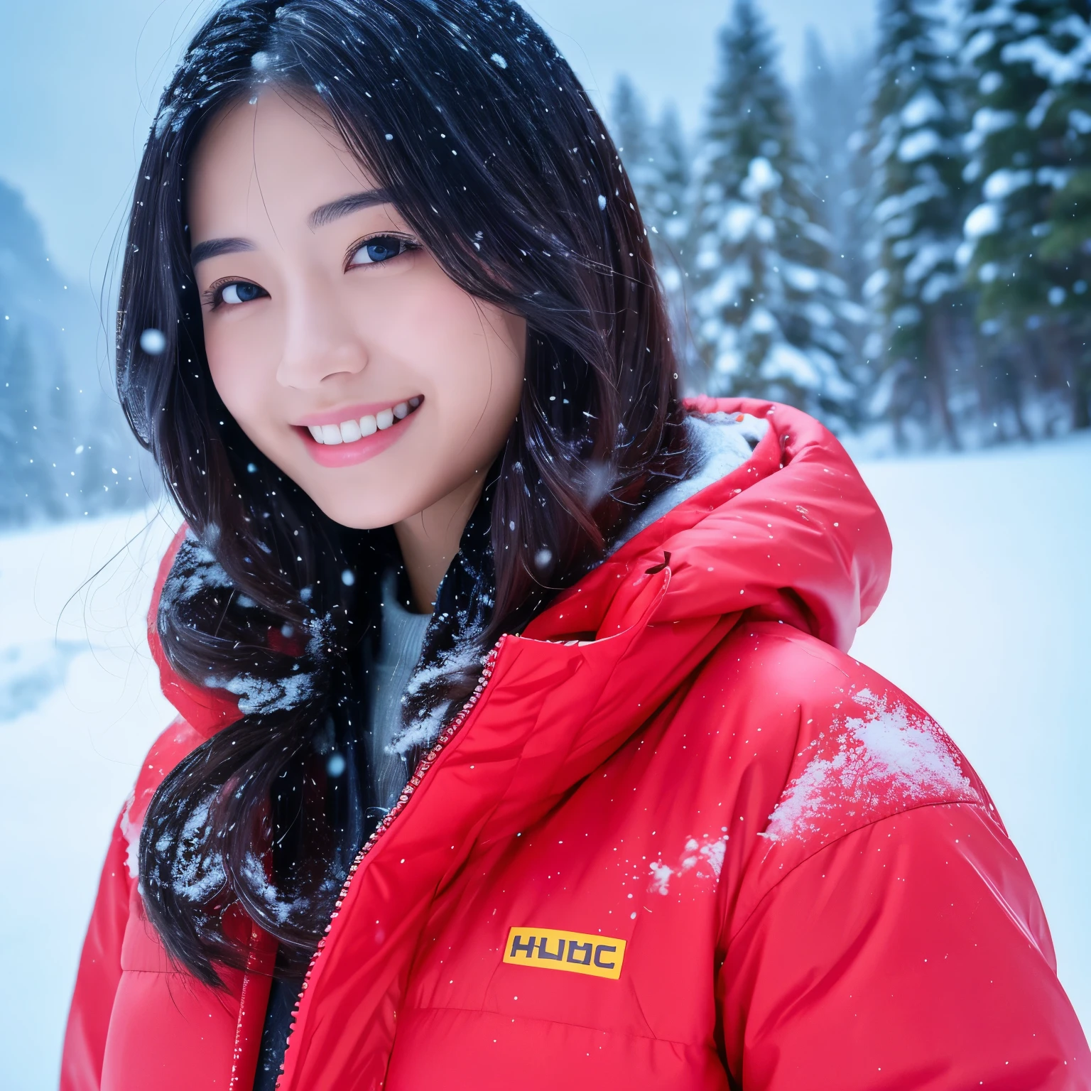 ((highest quality、table top、8k、best image quality、Award-winning work))、one beautiful woman、the biggest smile looking at me、smile showing your beautiful teeth、The most natural and perfect ski wear、big breasts、perfect body line、epic movie lighting、(romantic love feelings:1.1)、(very bright and vivid:1.1)、winter、snow scene、Large and perfect ski area、Beautifully maintained and most natural ski resort、(The snow in the air sparkles finely:1.1)、(Severe snowstorm:1.1)、(Tyndall effect:1.1)、emphasize body line、hair swaying in the wind、(Beautiful skin that shines very brightly:1.1)、(accurate anatomy:1.1)、Ultra high definition beauty face、ultra high definition hair、Ultra high definition eyes、(Beautiful skin that shines in ultra-high resolution:1.1)、Super high resolution glossy lips、(very bright and vivid:1.1)、(radiant beautiful skin:1.1)