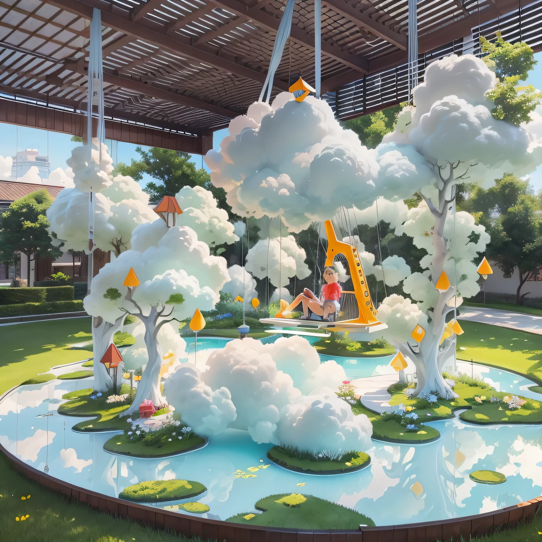 3.5-meter cloud acrylic swing device，put on grass，3D modeling，children playing，full view，actual，Decorated with cartoon fiberglass sculptures，Rendering suitable for commercial exhibition displays