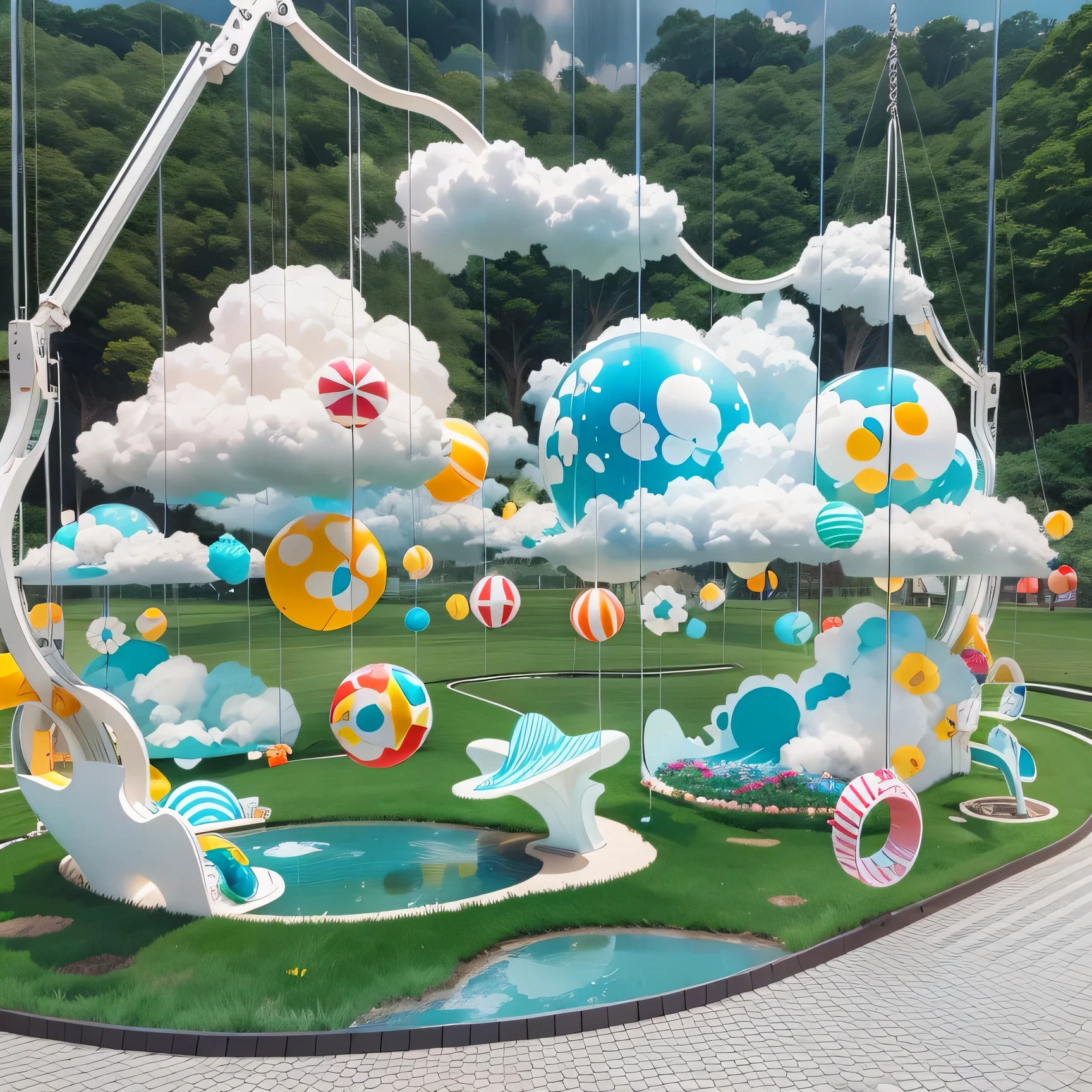 3.5-meter cloud acrylic swing device，put on grass，3D modeling，children playing，full view，actual，Decorated with cartoon fiberglass sculptures，Rendering suitable for commercial exhibition displays