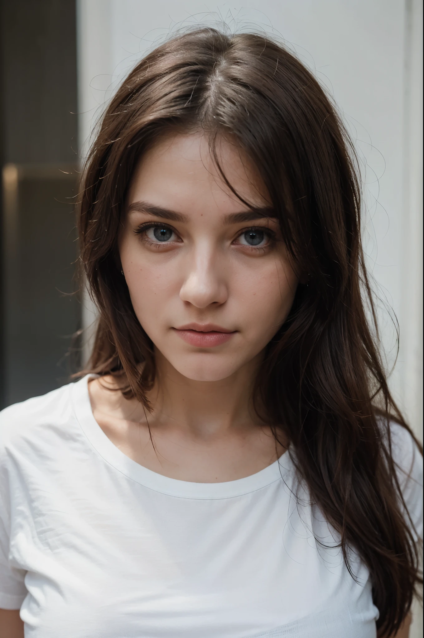 wearing a cute white t-shirt without a logo, portrait, perfektes Gesicht, blaues Haar, Beautiful eyes, 40k, Fotografie, Meisterwerk, best quality, seductive pose, ultradetailliertes Gesicht, detaillierte Augen, 27 Jahre alt