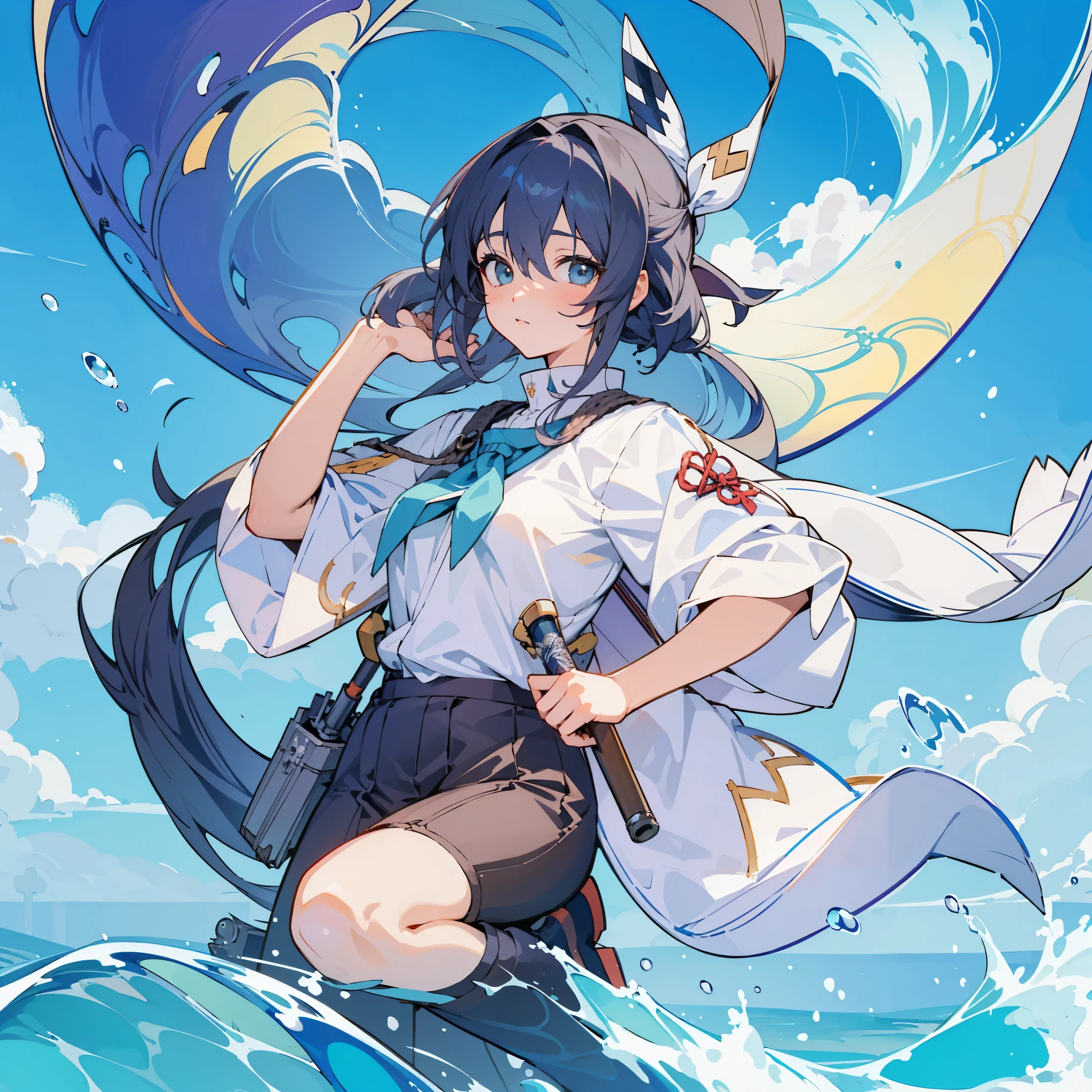 garota de anime em traje de marinheiro sentada em uma onda com uma espada, kantai collection style, estilo de arte anime moe, arte oficial, arte oficialwork, arte do pixel kirokaze, official illustration, arte oficial do anime, Shikishi, no mar, Anime girl walking in water, arte oficial do personagem, konpeki no kantai, Anime digital illustration