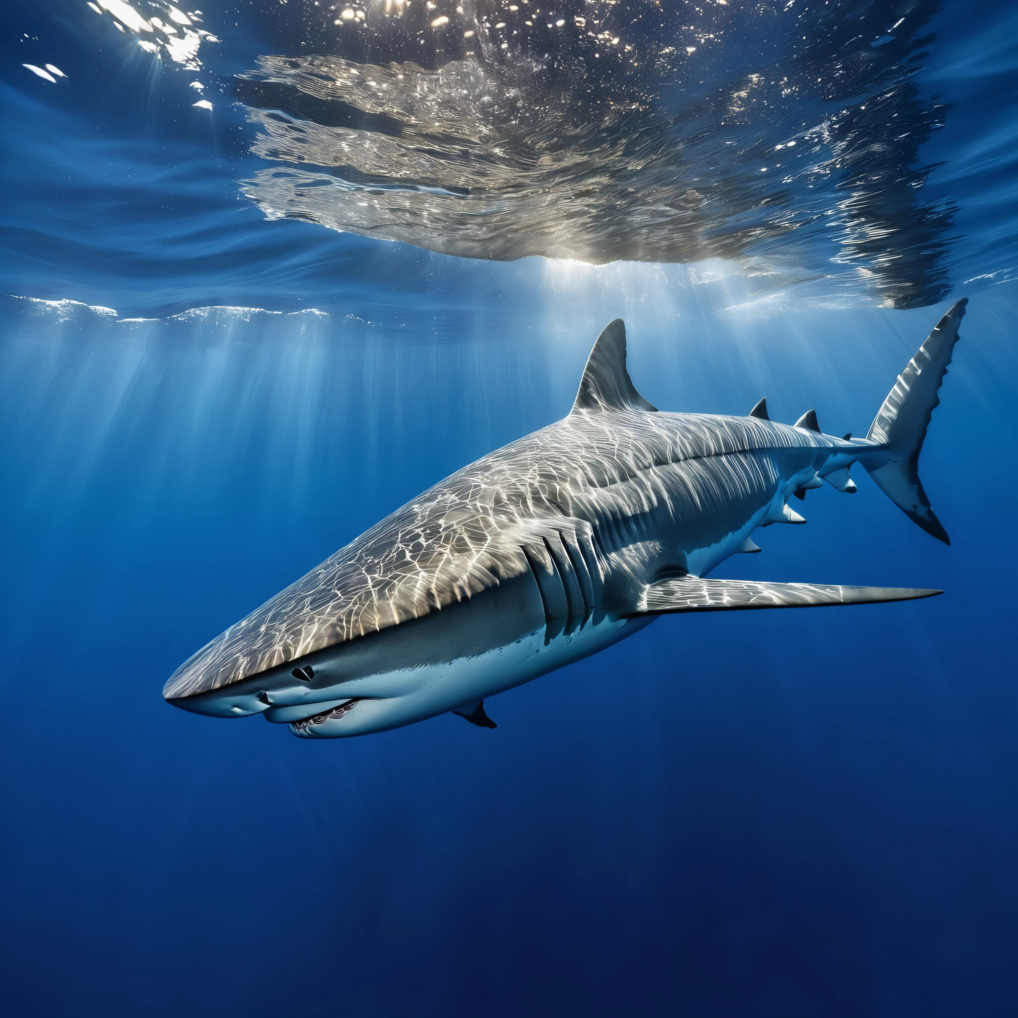 "a shark chasing a big fat tuna,perfect symmetry,underwater world,shimmering water,floating bubbles,rays of sunlight,depth and dimension,coral reef,majestic sea creatures,vibrant marine life,peaceful and serene environment,motion and movement,ripples and waves,speed and agility,harmony and balance,graceful dance of predator and prey,dynamic and energetic composition,crystal clear clarity,subtle details,realistic textures and scales,intricate patterns,deep blue hues,reflections and shadows,elegance and power,explosive action,life and vitality,expertly captured moment,breathtaking scene that captures the beauty of the ocean,high-resolution image,masterpiece of marine artistry"