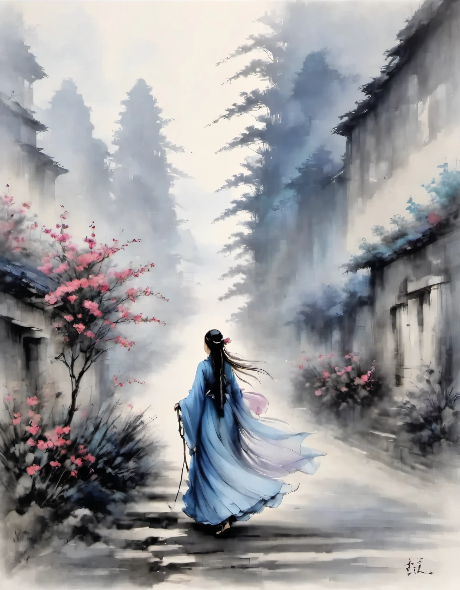 The tiled drawing is printed with an ink painting of a tiny beautiful woman taking a walk.,垂下的Veil写满书法字,Transparent model,Macro zoom,Veil,pure white background,artistic conception ink,depth of field,