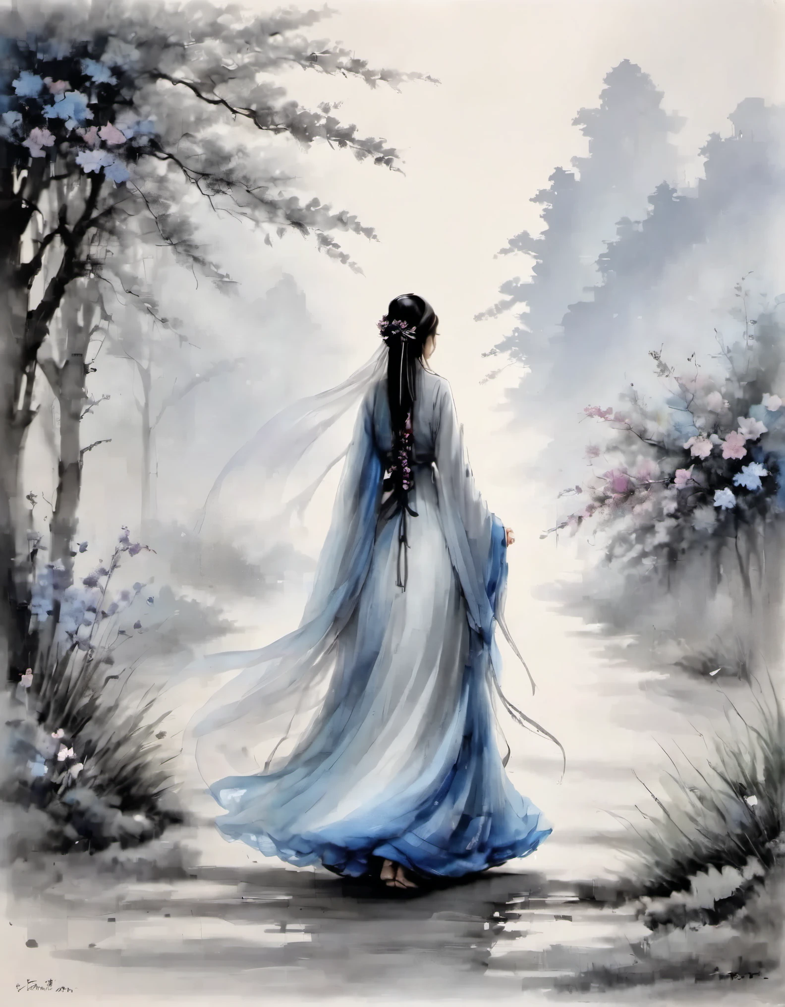 The tiled drawing is printed with an ink painting of a tiny beautiful woman taking a walk.，垂下的Veil写满书法字，Transparent model，Macro zoom，Veil，pure white background，artistic conception ink，depth of field，