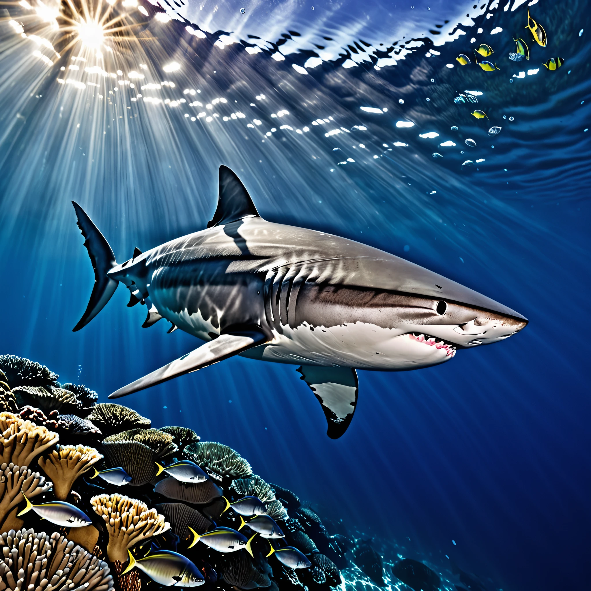 "a shark chasing a big fat tuna,perfect symmetry,underwater world,shimmering water,floating bubbles,rays of sunlight,depth and dimension,coral reef,majestic sea creatures,vibrant marine life,peaceful and serene environment,motion and movement,ripples and waves,speed and agility,harmony and balance,graceful dance of predator and prey,dynamic and energetic composition,crystal clear clarity,subtle details,realistic textures and scales,intricate patterns,deep blue hues,reflections and shadows,elegance and power,explosive action,life and vitality,expertly captured moment,breathtaking scene that captures the beauty of the ocean,high-resolution image,masterpiece of marine artistry"