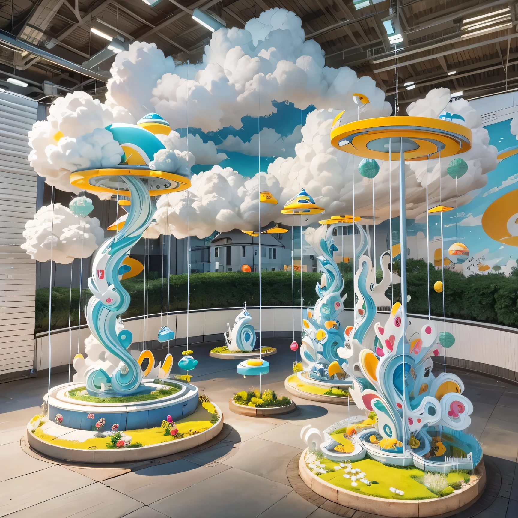 3.5-meter cloud acrylic swing display device，put on grass，3D modeling，children playing，full view，actual，Decorated with cartoon fiberglass sculptures，Rendering suitable for commercial exhibition displays