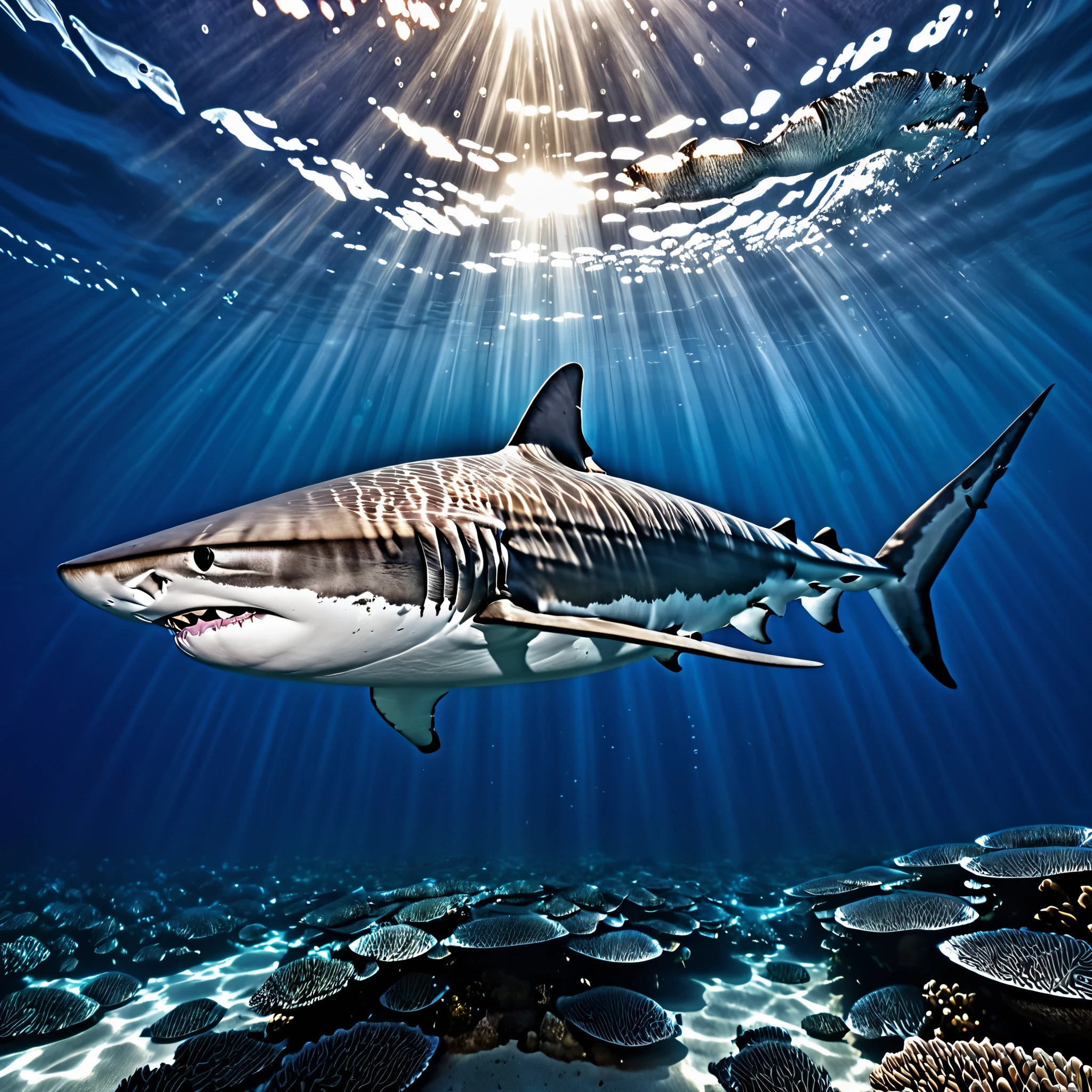 "a shark chasing a big fat tuna,perfect symmetry,underwater world,shimmering water,floating bubbles,rays of sunlight,depth and dimension,coral reef,majestic sea creatures,vibrant marine life,peaceful and serene environment,motion and movement,ripples and waves,speed and agility,harmony and balance,graceful dance of predator and prey,dynamic and energetic composition,crystal clear clarity,subtle details,realistic textures and scales,intricate patterns,deep blue hues,reflections and shadows,elegance and power,explosive action,life and vitality,expertly captured moment,breathtaking scene that captures the beauty of the ocean,high-resolution image,masterpiece of marine artistry"