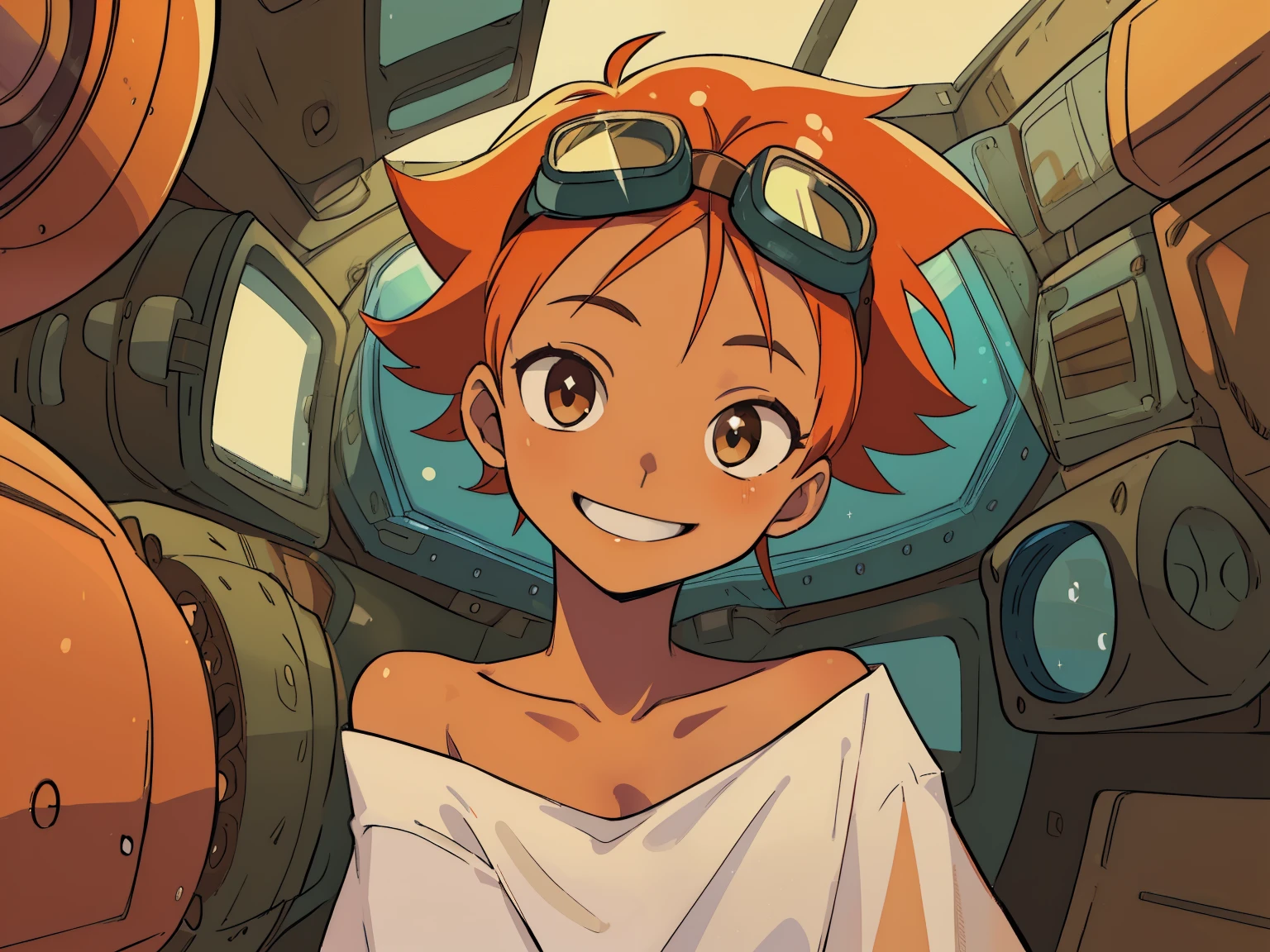 Edward,midriff,orange hair,white shirt,off shoulder,collarbone,tan skin, black bike shorts, (((goggles on forehead))) brown eyes, space station,engine room, smiling, sparkling eyes, breasts, cleavage (insanely detailed, beautiful detailed face, masterpiece, best quality),