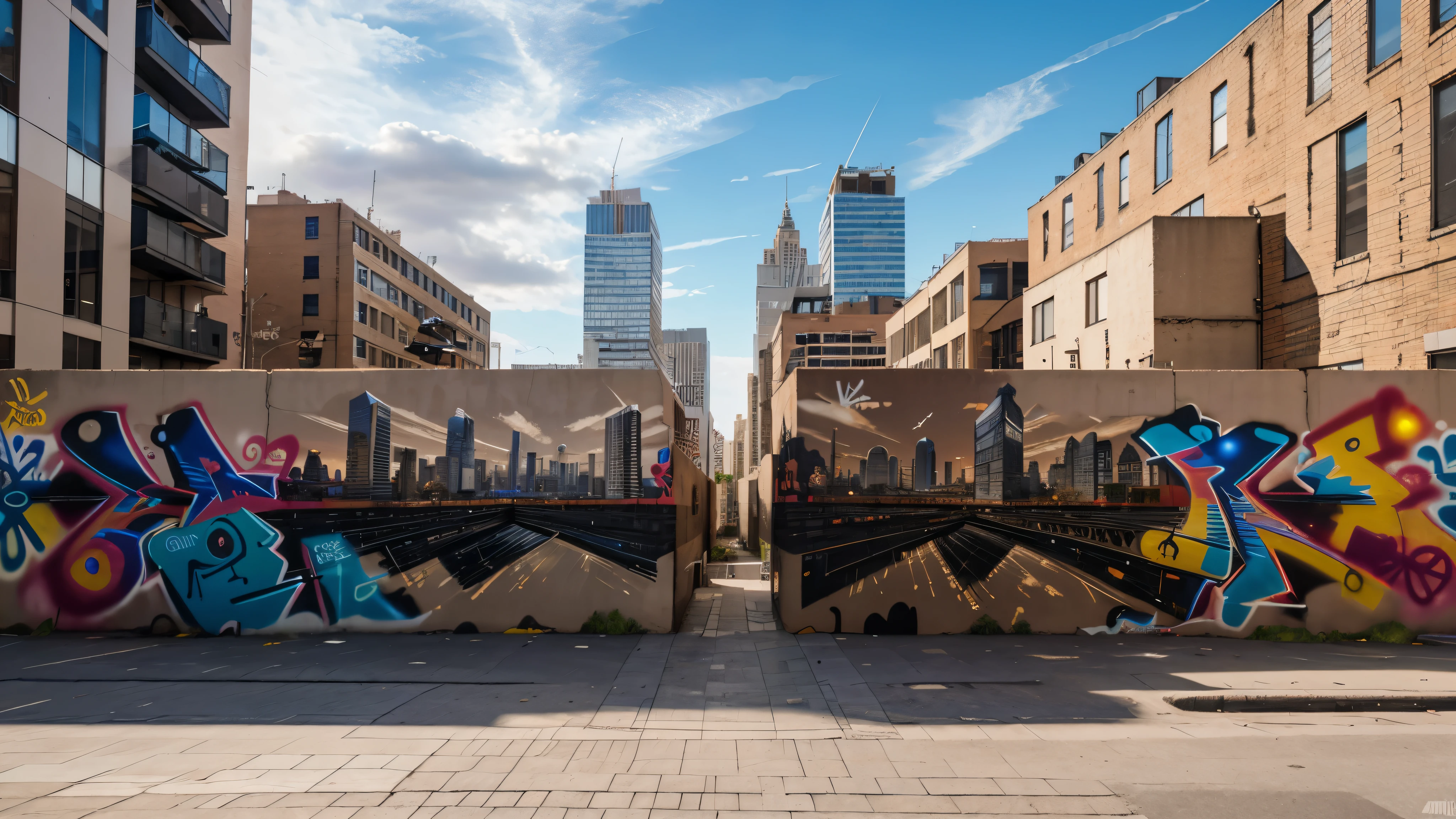 street art, graffiti, on a brick wall of a cosmopolitan city, ultra-wide angle view, realistic, 4K, high detail, Masterpiece, tall buildings,