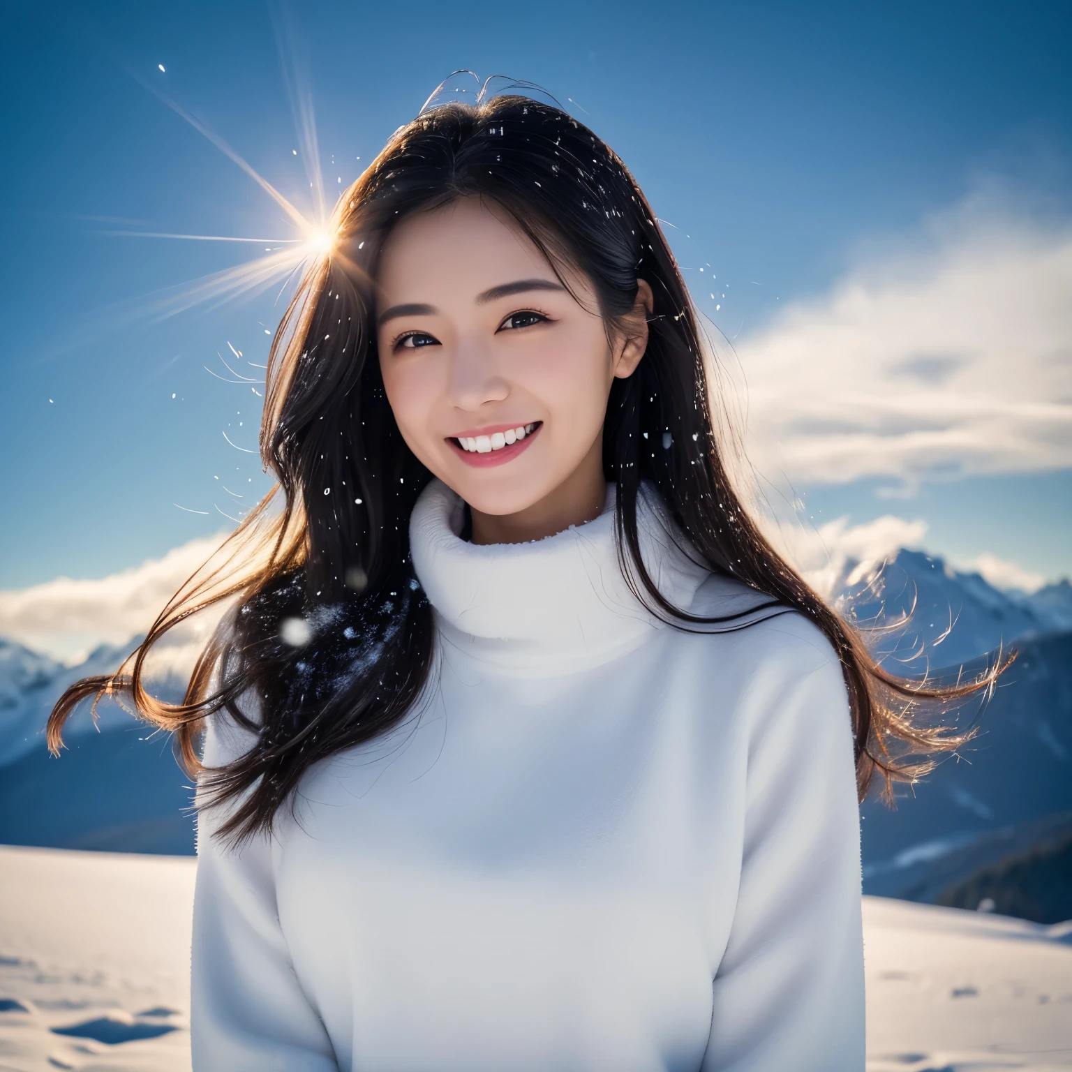 ((highest quality、table top、8k、best image quality、Award-winning work))、one beautiful woman、the biggest smile looking at me、smile showing your beautiful teeth、The most natural and perfect ski wear、big breasts、perfect body line、epic movie lighting、(romantic love feelings:1.1)、(very bright and vivid:1.1)、winter、snow scene、Large and perfect ski area、Beautifully maintained and most natural ski resort、(The snow in the air sparkles finely:1.1)、(Severe snowstorm:1.1)、(Tyndall effect:1.1)、emphasize body line、hair swaying in the wind、(Beautiful skin that shines very brightly:1.1)、(accurate anatomy:1.1)、Ultra high definition beauty face、ultra high definition hair、Ultra high definition eyes、(Beautiful skin that shines in ultra-high resolution:1.1)、Super high resolution glossy lips、(very bright and vivid:1.1)、(radiant beautiful skin:1.1)