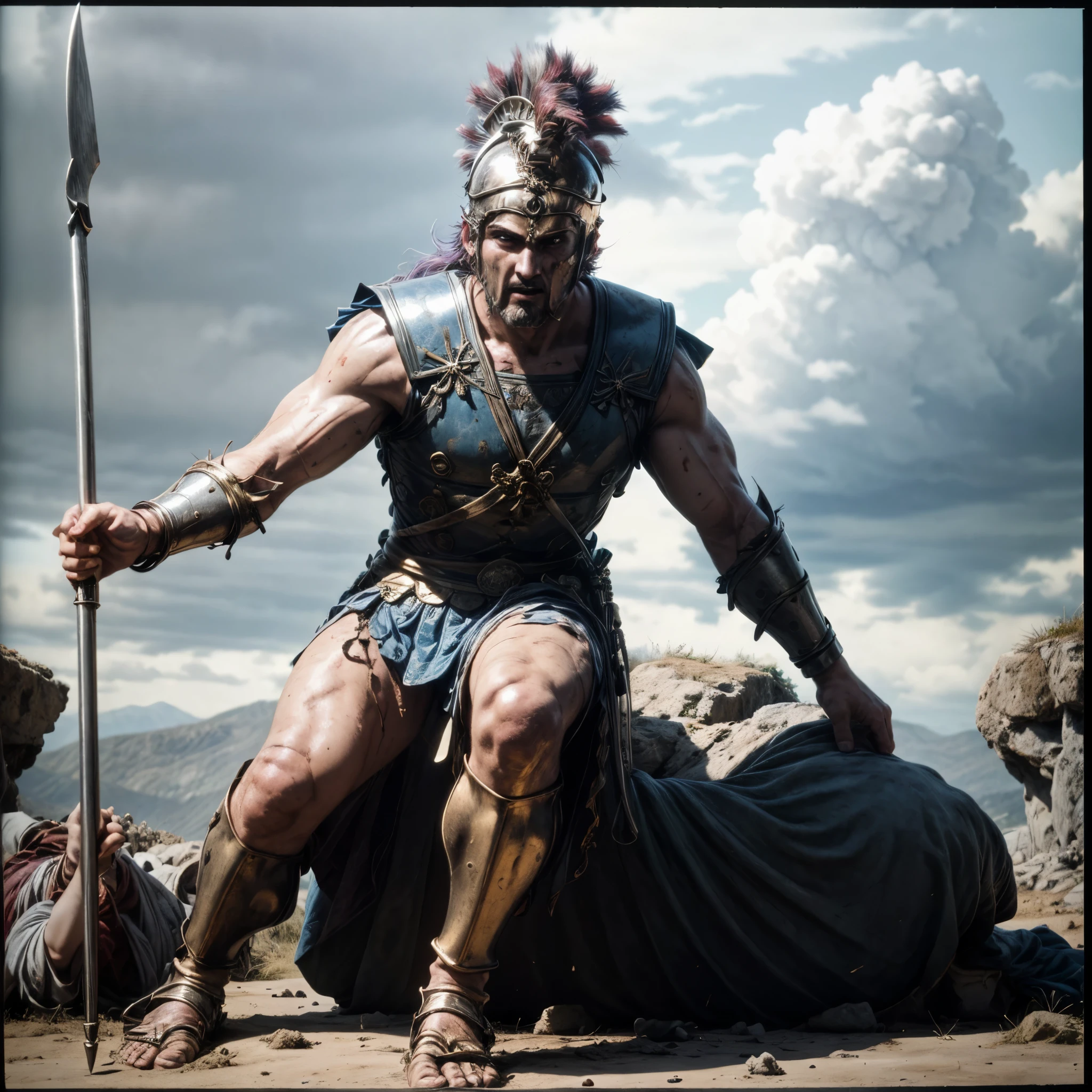 (best quality,4k,8k,highres,masterpiece:1.2),ultra-detailed, 1man, Greek God Ares, Purple hair, red eyes, in a loin cloth, wearing a greek hoplite helmet, on a battlefield, posed in battle, splattered with blood, screaming with rage, drawn in the style of Yoshitaka Amano, HDR, 8k, absurdres, cinestill 800, sharp focus, add_detail:3