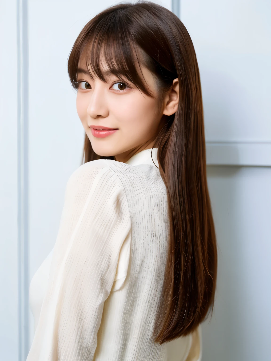((highest quality、8k、masterpiece:1.3))、ultra high resolution、(photogenuineistic:1.4)、table top、white wall、Taken in front of the white door、Photographed in natural light、Grey long-sleeved dress、RAW photo、Japanese,(face)、genuine、((profile))、Photographed in natural light、Highly detailed face and skin texture、highly detailed lips、correct state of the human body、straight hair、bright hair color、various poses、natural color lip 、long hair、((明るい茶色のstraight hair))、straight hair、shot from behind、don&#39;t look at the camera、angle from behind、Super detailed、30 generations、actress、髪型はまっすぐなstraight hair、emphasizes the shine of hair