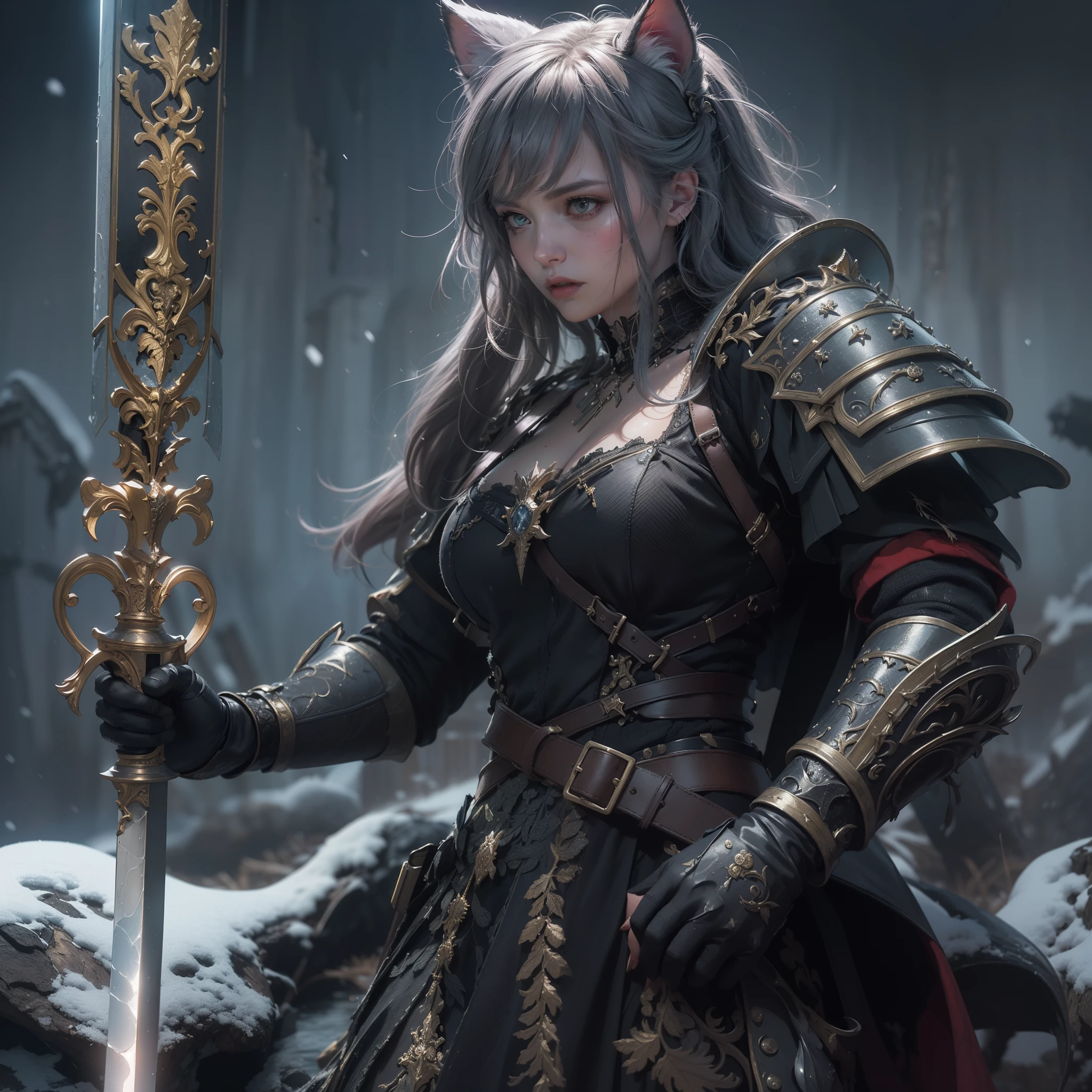 ((cat ears on head)),(Numerous award-winning masterpiece s, incredibly detailed, textured and maximally detailed), (hyper realistic:1.4), (realistic:1.3), (top quality real texture skin), (top quality real texture skin), (top quality real texture skin)(detailed true circle eyes), (detailed and beautiful face:1.6), ((medieval world)), (jet black knight), (delicately decorated dark black armor), (armor damaged but delicately decorated:1.5)Not wearing a helmet, (full length portrait:1.6), ((looking up)), ((looking down)), ((full length standing image:1.8)), (holding the hilt of an exquisitely decorated black long sword with a huge light:1.7), (dramatic pose), (gorgeous pose), (beautiful pose)beautiful pink hair, beautiful silver hair, beautiful blonde hair ,black web robe, spider on armor, strong warrior, agile warrior ((dramatic photo)), ((dynamic photo)), full length view, highly detailed, ultra-realistic, intricate details, painting (artwork), ((masterpiece, top quality)), ((cinematic light))((cinematic light)), hyper realistic, scary, dark fantasy , (masterpiece, top quality), (cinematic light), (art-station:1.5), cinematic, warm light, light effect, dramatic light, (complex detail:1.1), complex background, (greg latkowski:), (cinematic detail:1.2), (art station:0.8), (teal and orange:0.4), (swirling flames), (swirling lightning), (swirling ice and snow), old ruins with vegetation, ruins of old castle, in dungeon, ruins of ancient castle, abandoned mine, deserted ruin, crumbling ruin, transparent pondRuins with, twilight, sunset, dusk, rippling water , flowing water, battlefield, bioluminescence
