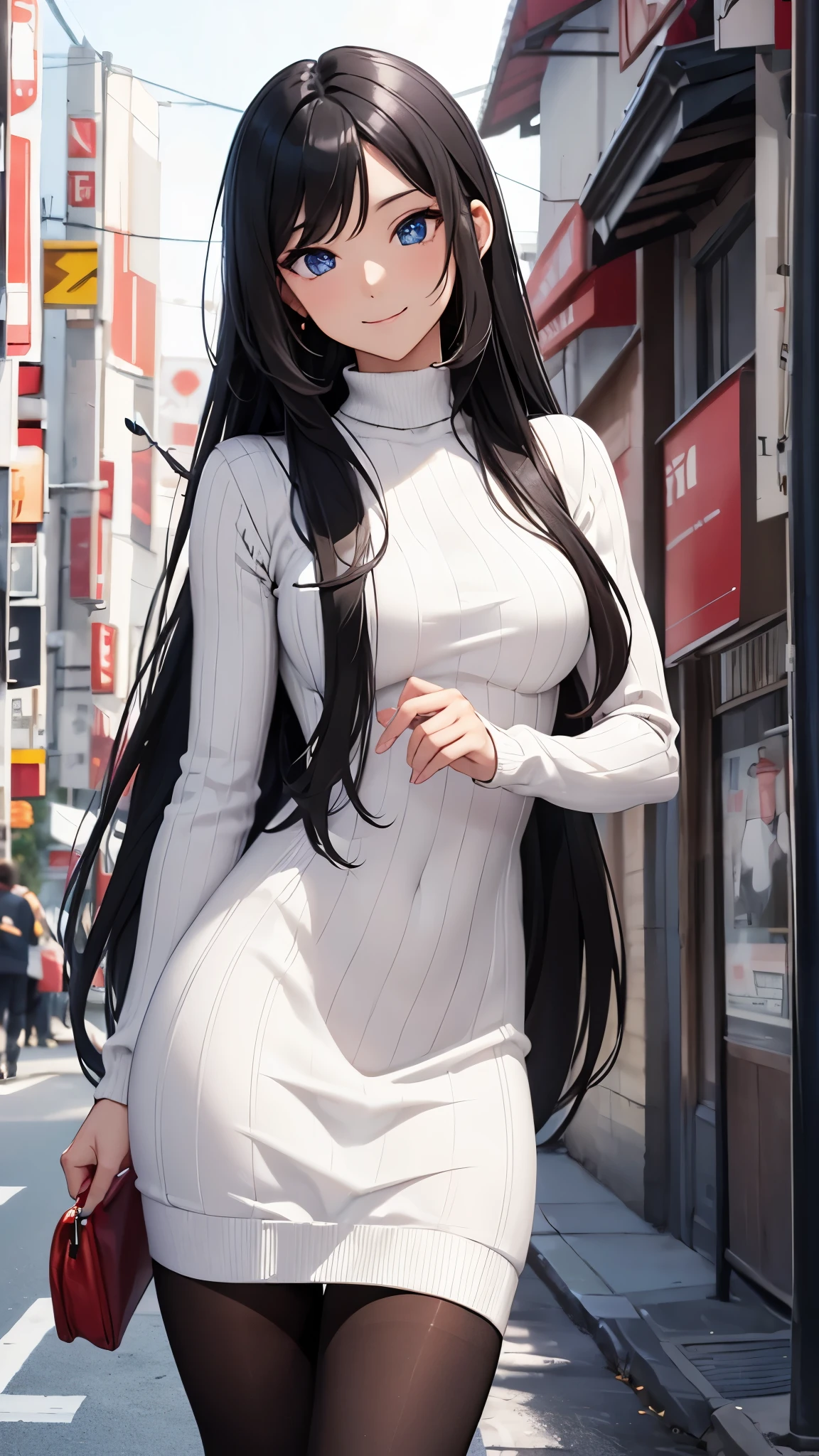 CG, unity, 8k, wallpaper, highest quality, masterpiece, lovely woman, (smile: 1.1), (long black hair: 1.5), (Japanese princess hairstyle) BREAK white skin BREAK deep blue eyes BREAK (tight white knit dress: 1.5) BREAK (red pantyhose: 1.3), sexy legs, best lighting, complex pupils, complex textile, detailed background, On the road in a residential area, whole body, from the front