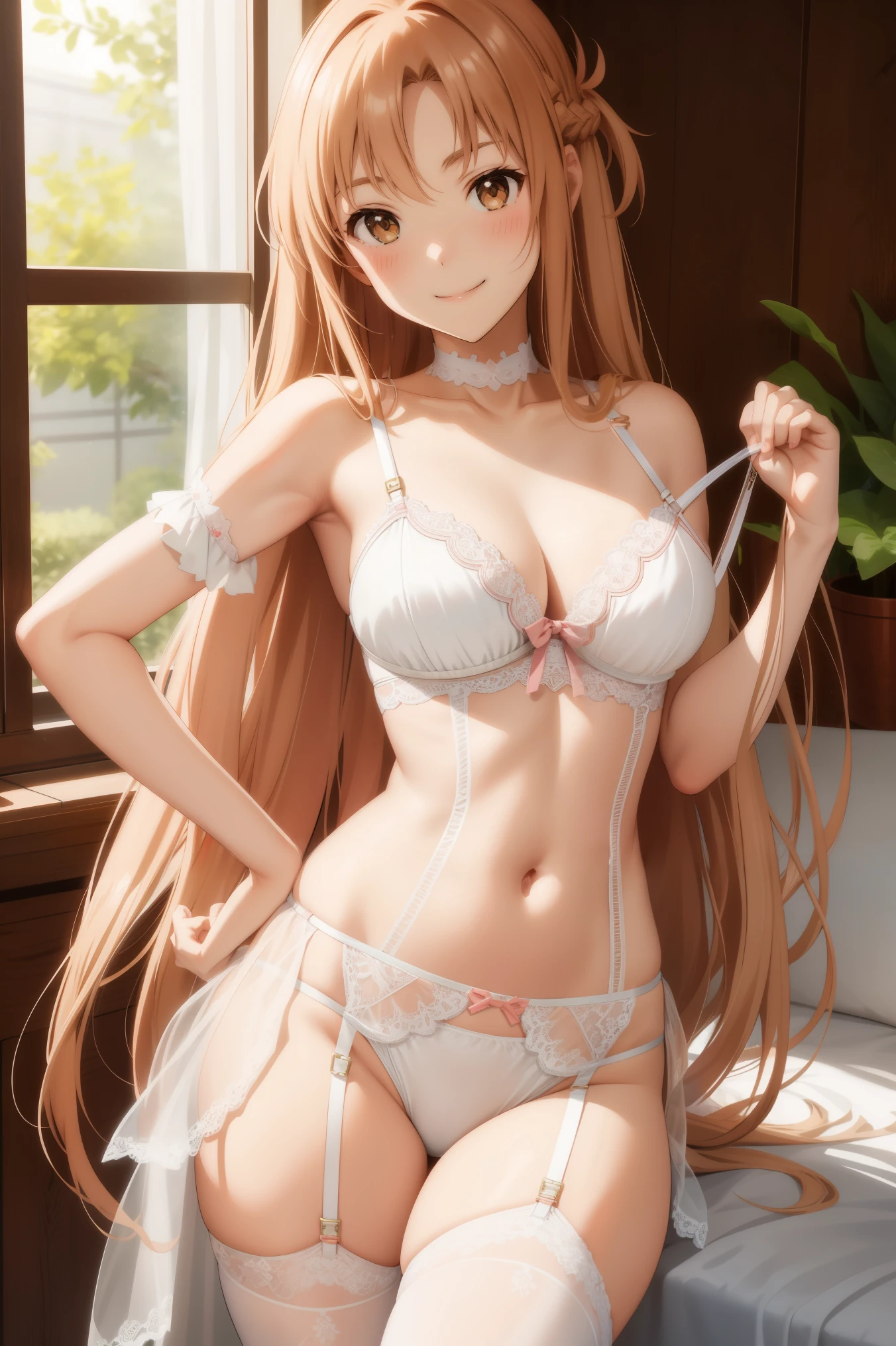 1girl, Asuna, blound hair , long hair,  blush, lingerie , garter belt wearing, sexy pose, smiling face,