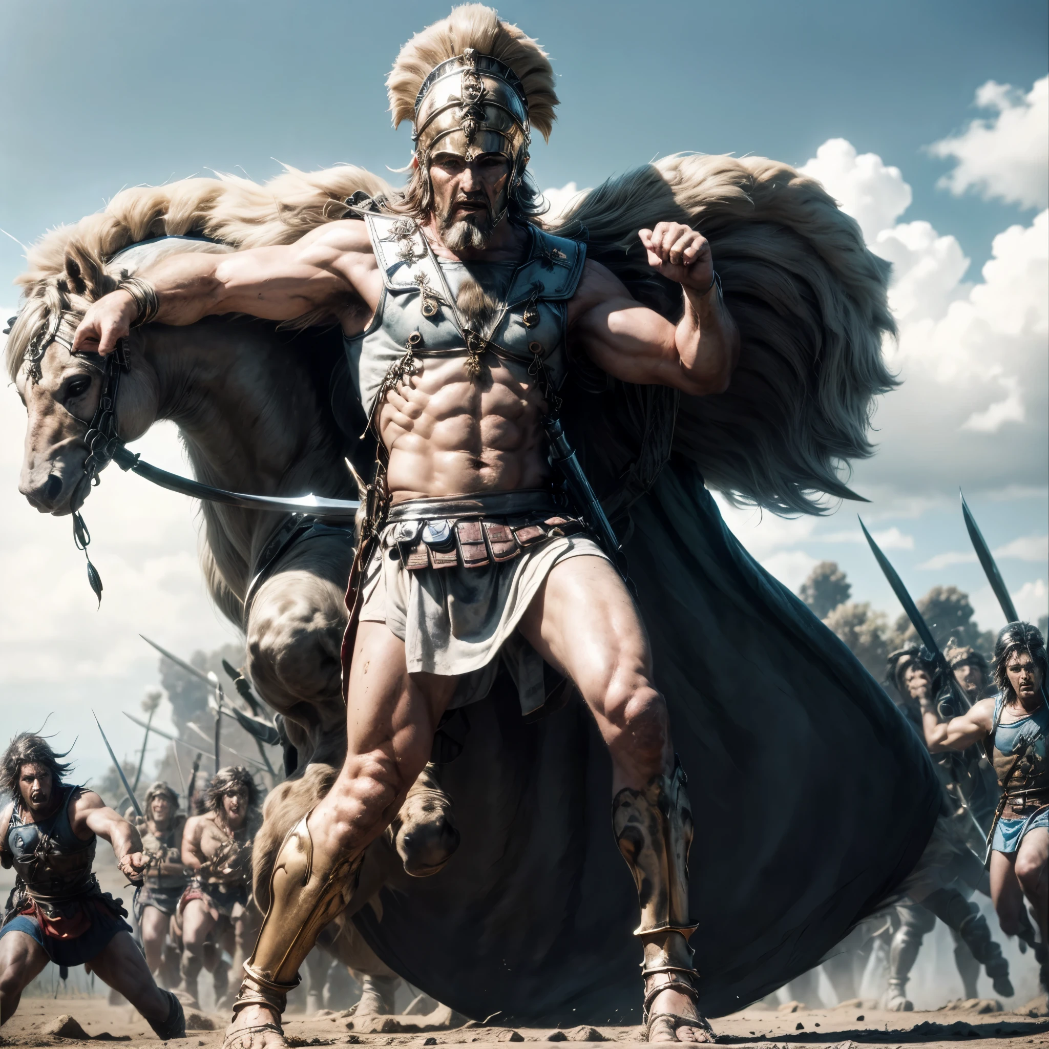 (best quality,4k,8k,highres,masterpiece:1.2),ultra-detailed, 1man, Greek God Ares, Purple hair, red eyes, in a loin cloth, wearing a greek hoplite helmet, on a battlefield, posed in battle, splattered with blood, screaming with rage, drawn in the style of Yoshitaka Amano, HDR, 8k, absurdres, cinestill 800, sharp focus, add_detail:3