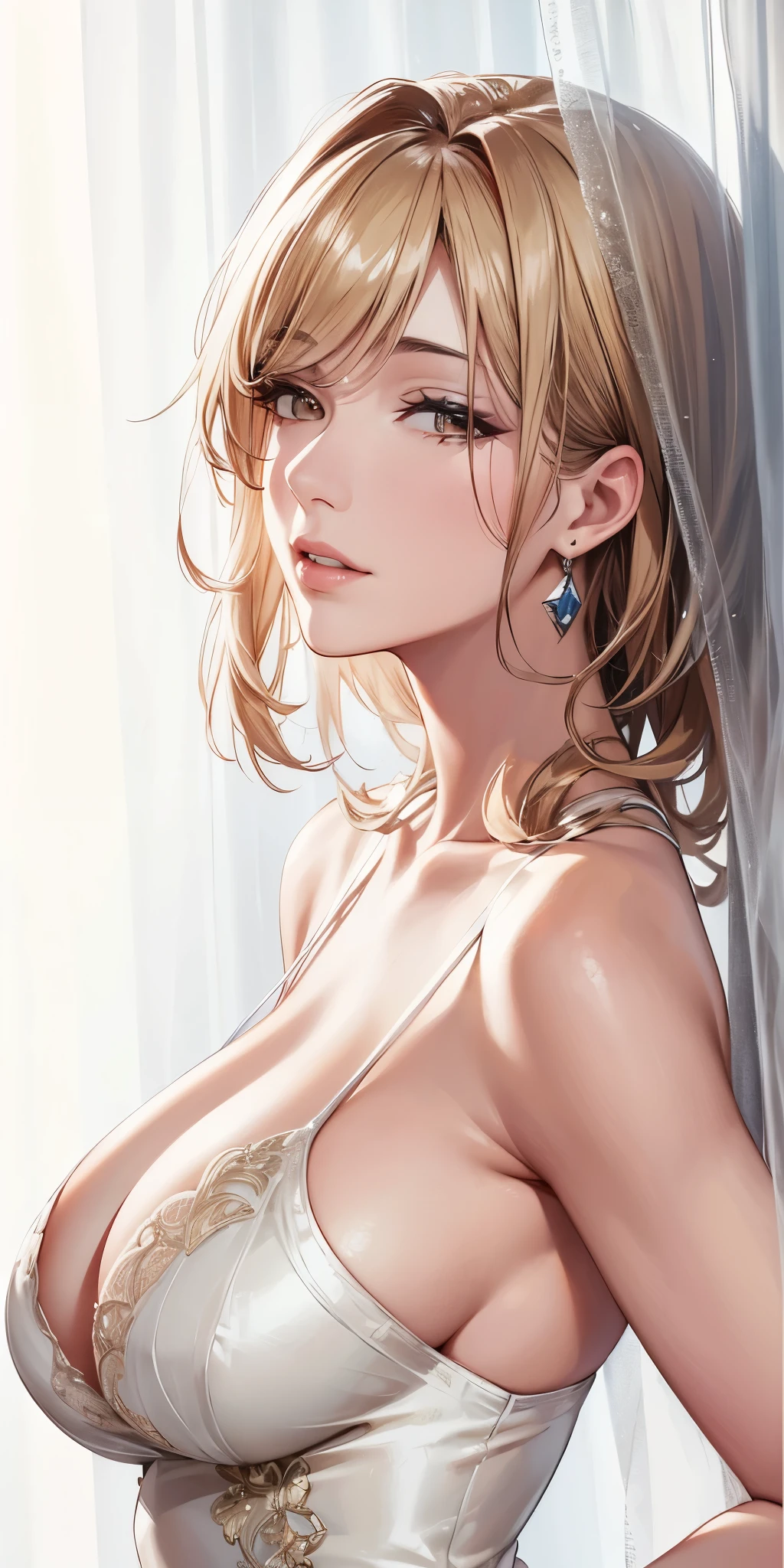 (best quality, highres), portrait, elegant type adult woman, brown eyes, long hair, swept-side bang, transparent slip dress, see through dress, white curtain