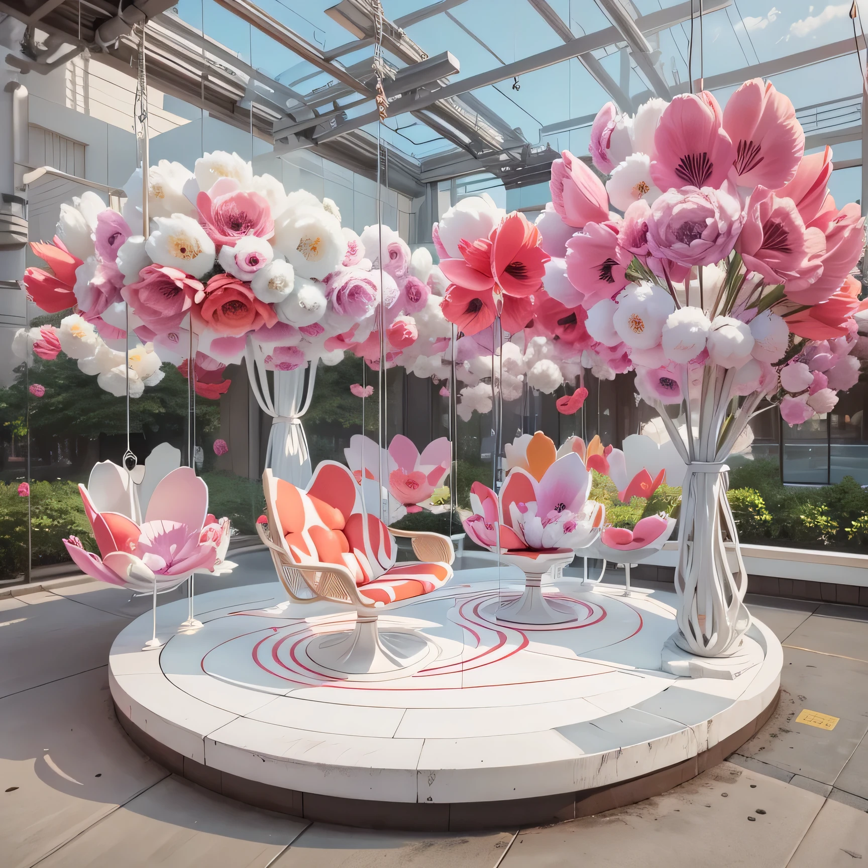 3.5-meter cloud acrylic swing display device，swing on the platform，Next to the platform are fiberglass tulips，3D modeling，，full view，actual，Decorated with cartoon fiberglass sculptures，Rendering suitable for commercial exhibition displays