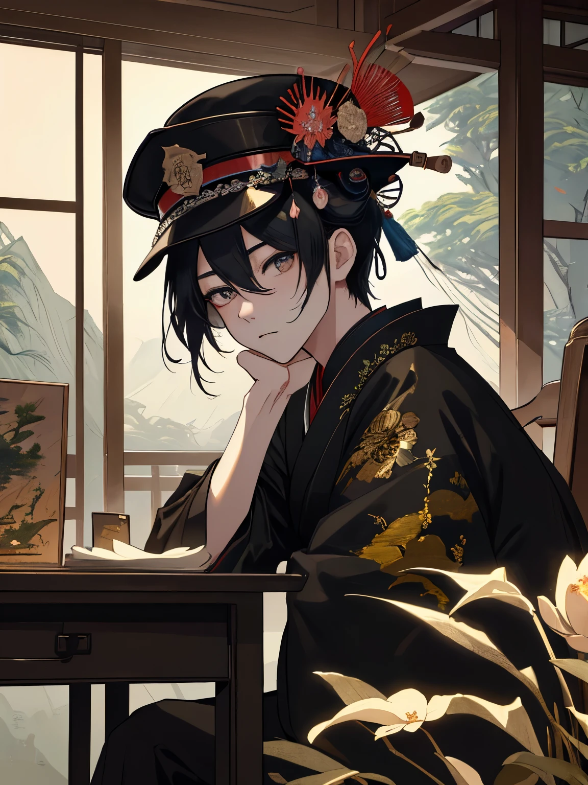 masterpiece、1 Youth、male、short hair、Young man in black suit and cap、Old Japan landscape、kyoto、Meiji、Taisho、Taisho romance、stone pavement、 sitting on a desk、Soft lighting、hightquality、(masterpiece)、Human perspective、People's eye level、masterpiece、top-quality、Highly elaborate CG Unity 8K wallpapers、an oil painting、depth of fields、bloom、Very detailed、art stations、Convoluted、high details、Dramatic、Volumetric lighting