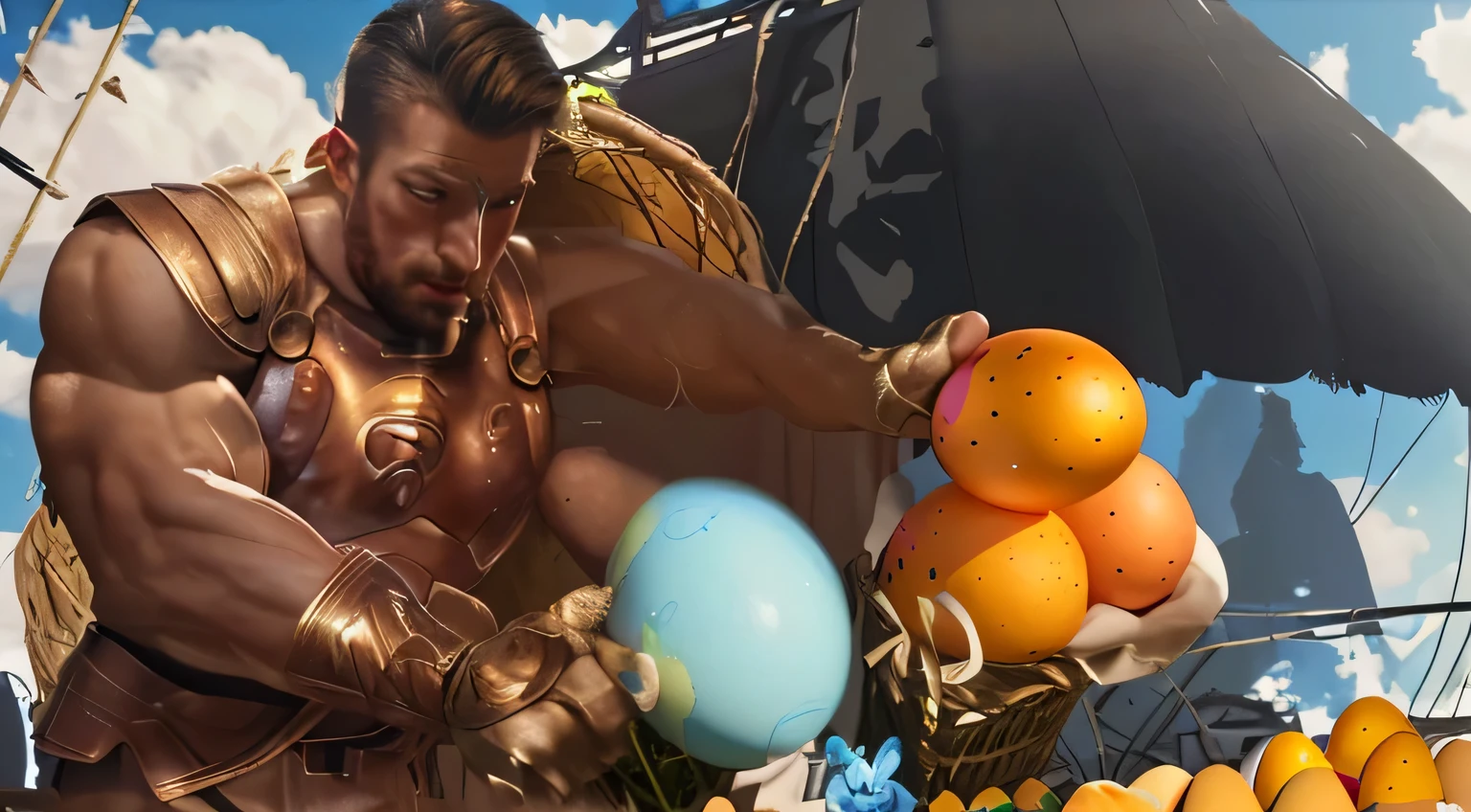 Spartan Easter, with a basket of Easter eggs in both hands, Easter theme, Easter eggs, Summer holiday, Absurd, Incredible Absurdity, Realism, Art books, Game cg, MALE, Cinematic lighting, Available light, creates the visual representation of the blacksmith's studio, where a master reaches out to the audience with Easter eggs in his hand, "Making an image, istock, photo contest winner, with Easter eggs, Jakob Gauermann, Thomas Hfner, photo stills, photos of beautiful eggs, Rhea Carmi, surrealism, color Egg Easter Egg, Amazing photo, dramatic light, winning, professional, highly detailed. 35 mm photo, film, bock, professional, 4k, minimalist, daylight, warm atmosphere, dust, film grain, film appearance,