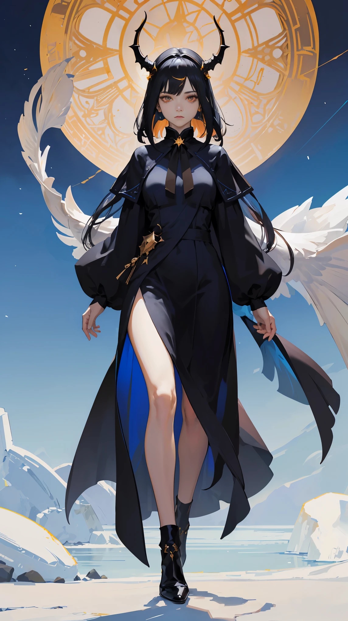 Seven Rhaeyar, Ancient Star goddess, Perfect female anatomy (Adult Female, 166cm in height, pale skin, slim, slender, 34D breast size, Dark Orange Eyes with beautiful details, Long Straight Black Hair, Beauty Mark Mole on right cheek bone, a set of black horns on her head), Neutral facial expression, Elegant white dress with black bow tie, blue coat knee length, dragon motifs, gold and rope accessories, View of the open blue sky with only clouds, receiving light from the front, Ethereal glow